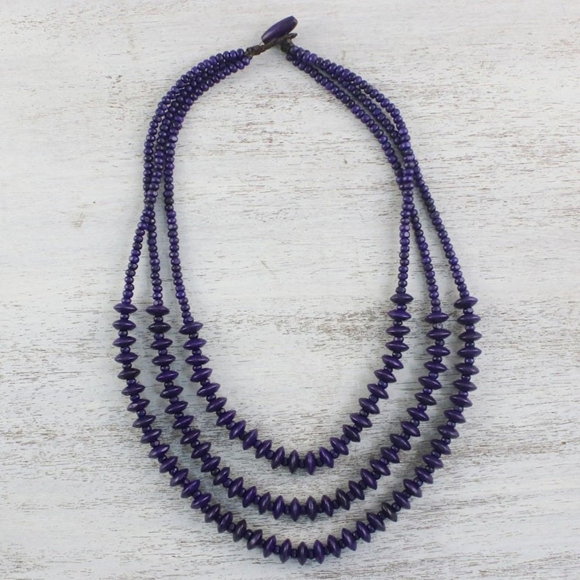Purple Wood Beaded Strand Necklace from Thailand 'Island Allure in Purple'
