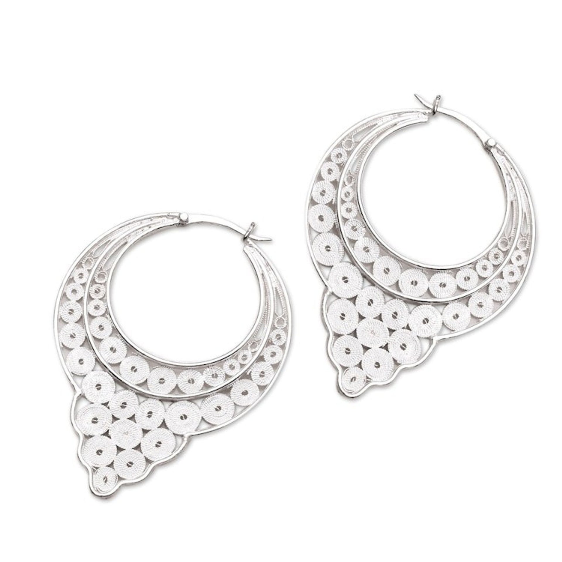 Circle Pattern Sterling Silver Filigree Hoop Earrings 'Circular Arrangement'