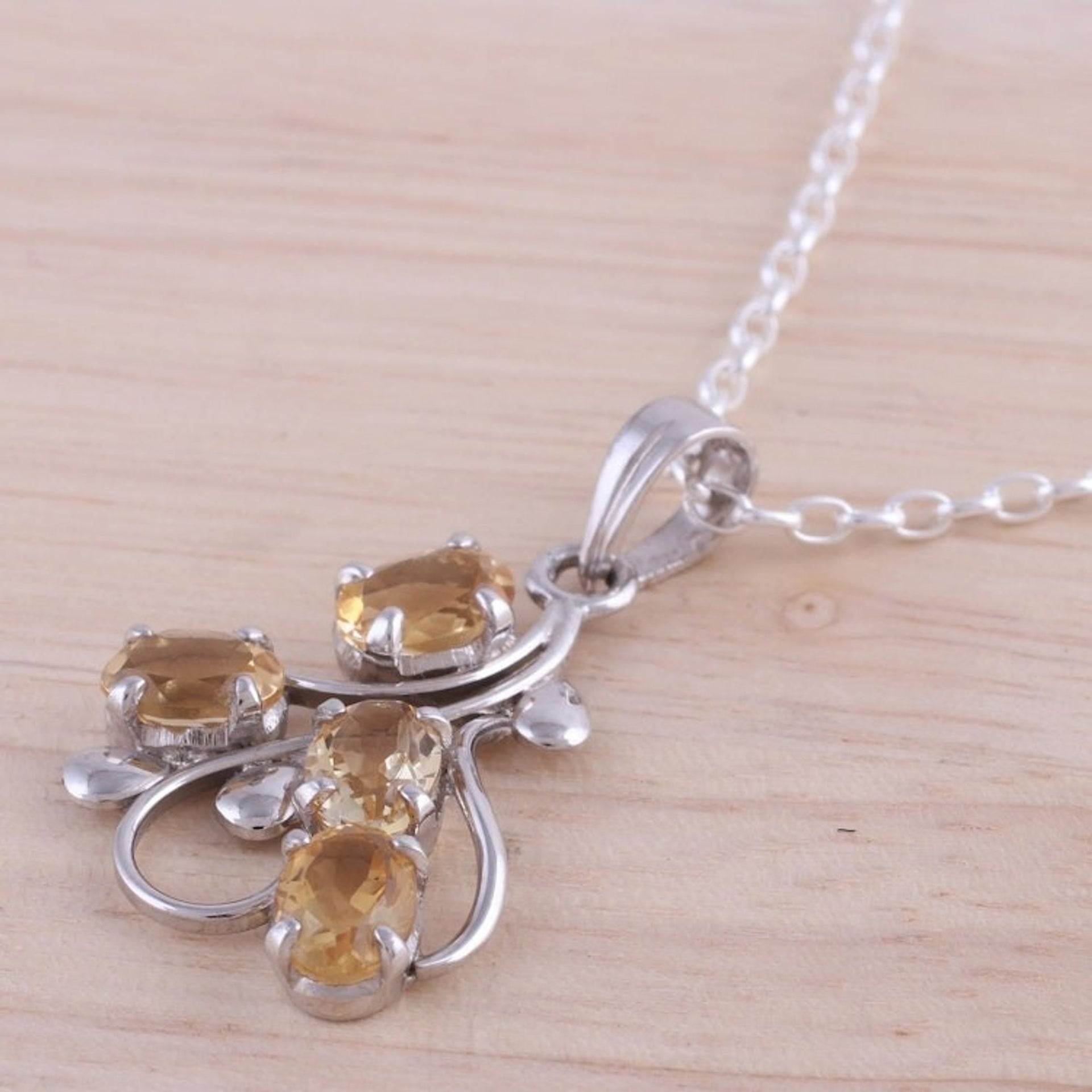 Rhodium Plated Sterling Silver Pendant Necklace with Citrine 'Golden Cluster'