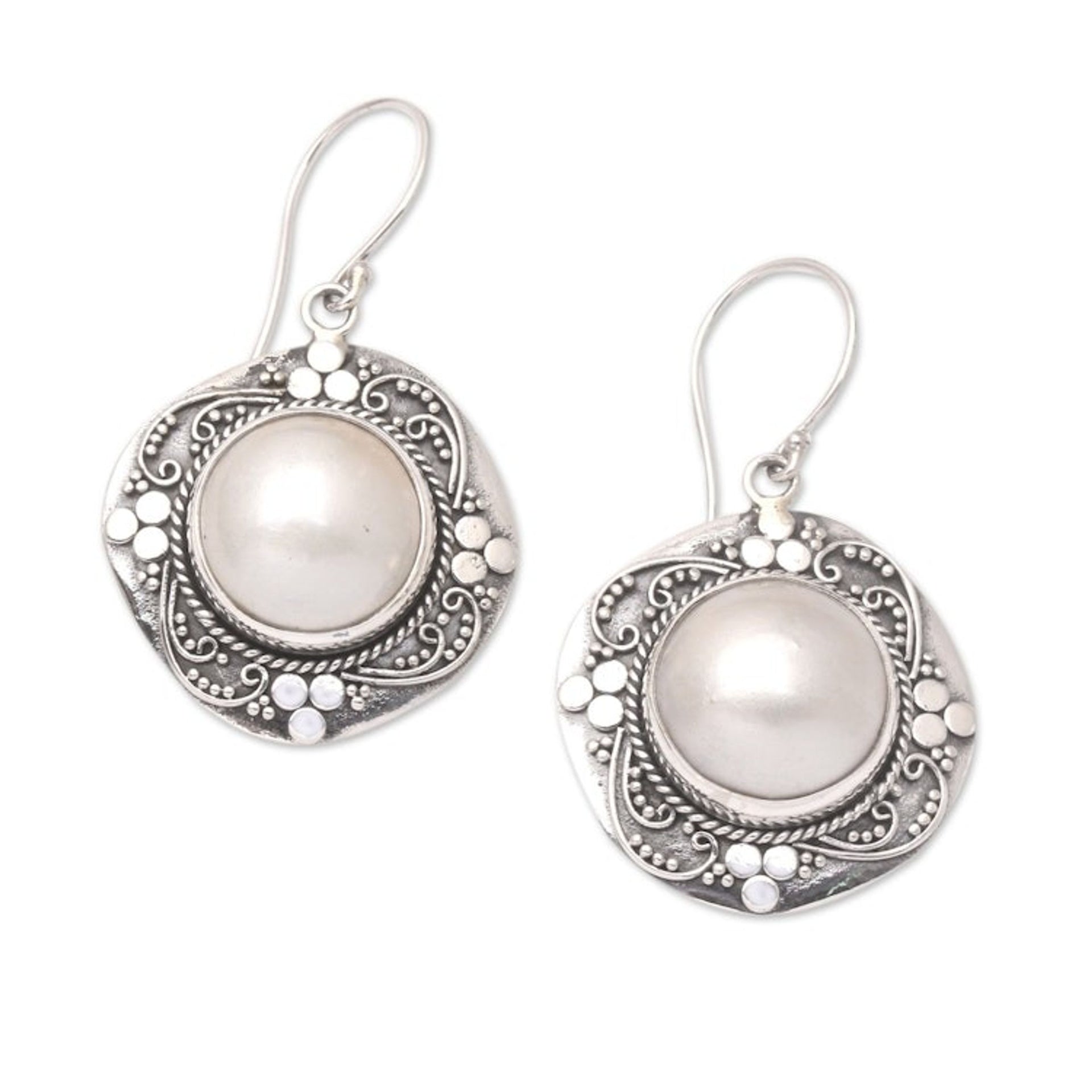 Sterling Silver and Cultured Pearl Dangle Earrings from Bali 'Around Heaven'