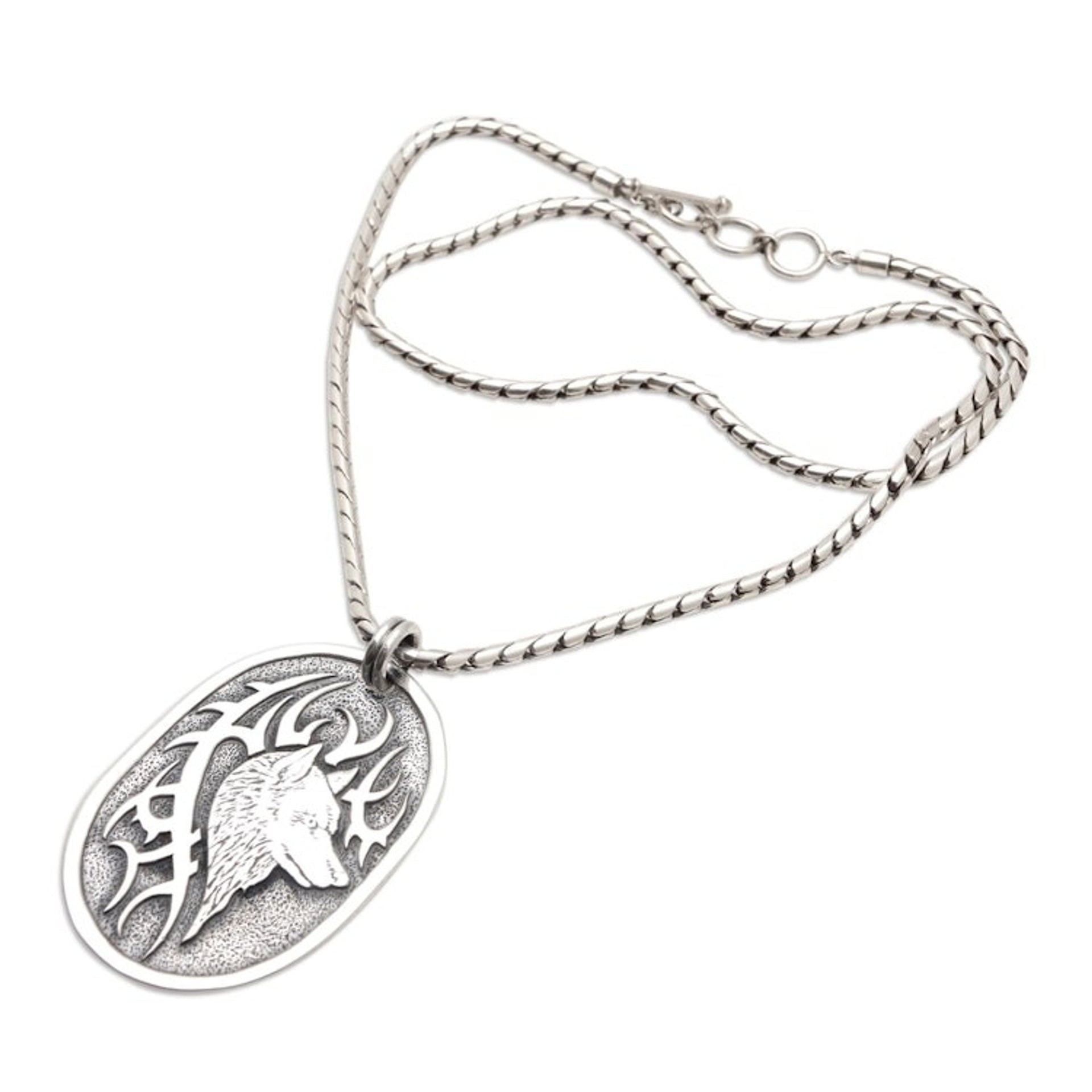 Sterling Silver Wolf-Themed Pendant Necklace from Java 'Oneiric Wolf'