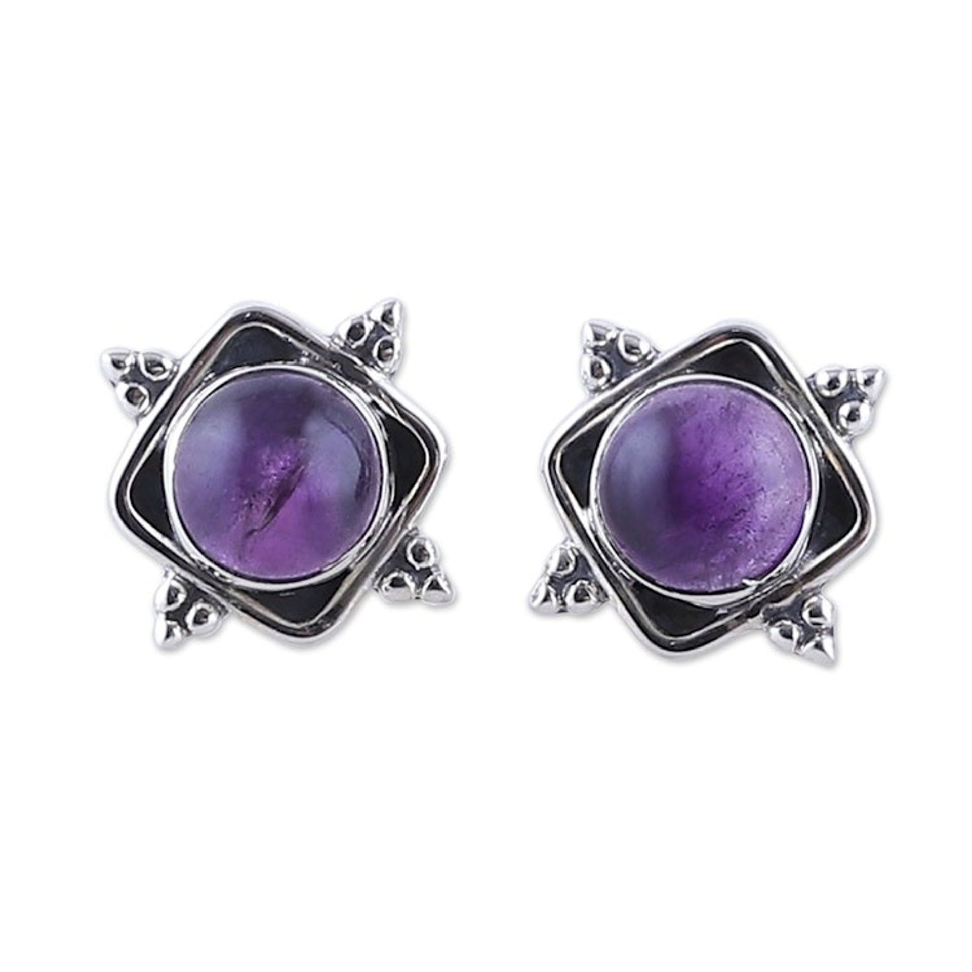 Artisan-Made Amethyst Cabochon Button Earrings from India 'Sapience Marchioness'