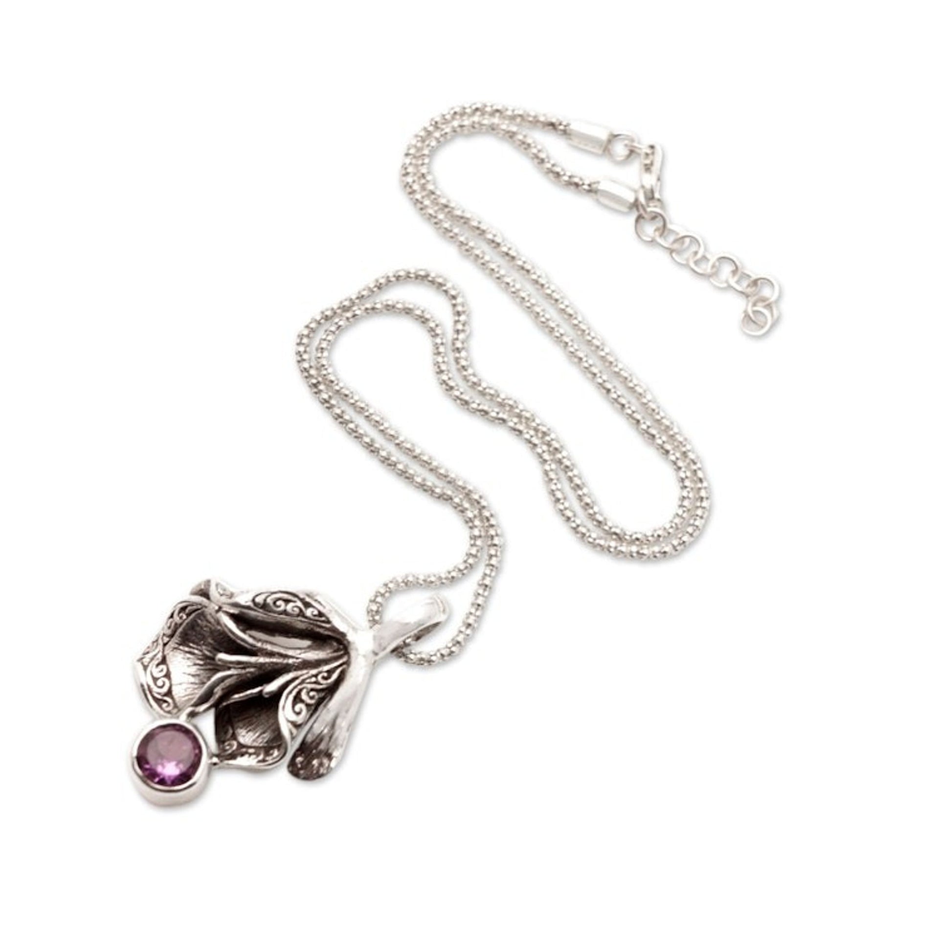 Floral Pendant Necklace with Faceted Amethyst Gemstone 'Bouquet of Truth'