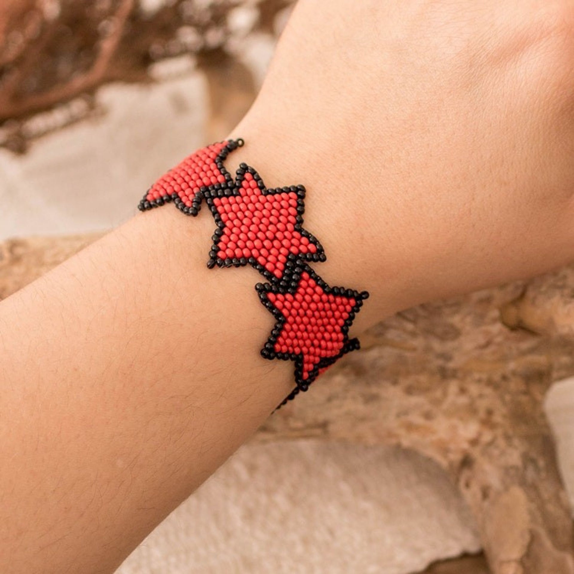 Handcrafted Red and Black Beaded Bracelet with Star Design 'Red Starlight'
