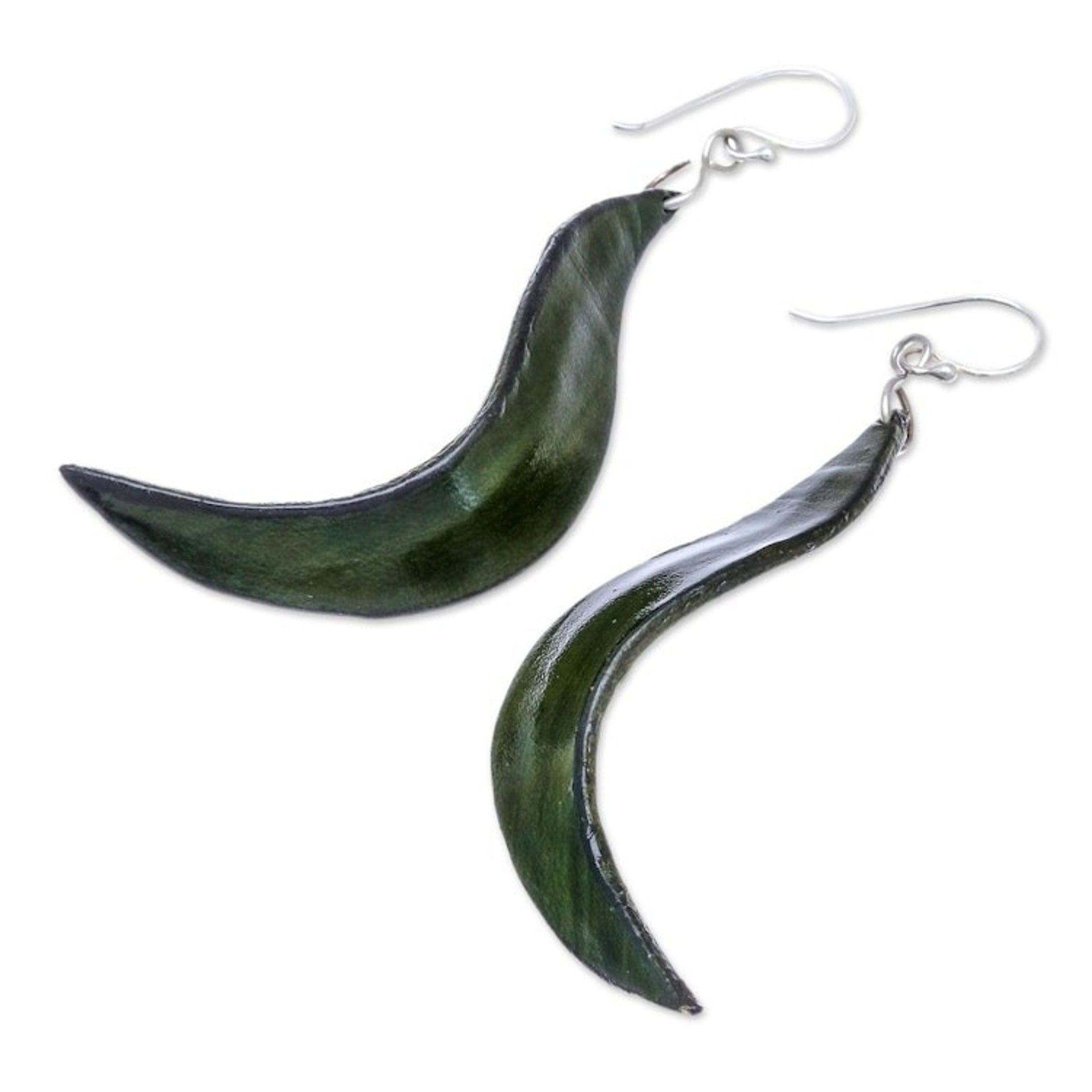 Wavy Leather Dangle Earrings in Green from Thailand 'Lithe Leaves in Green'