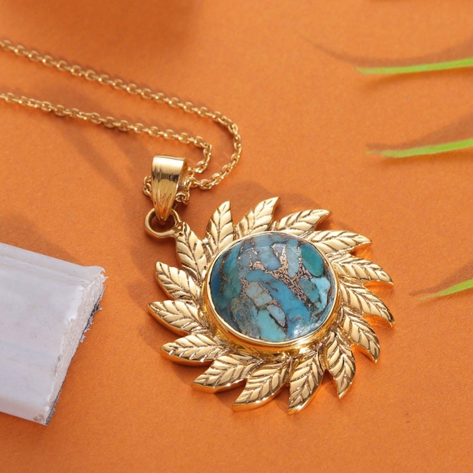 Sun-Themed Leafy Reconstituted Turquoise Pendant Necklace 'Arcadian Sun'