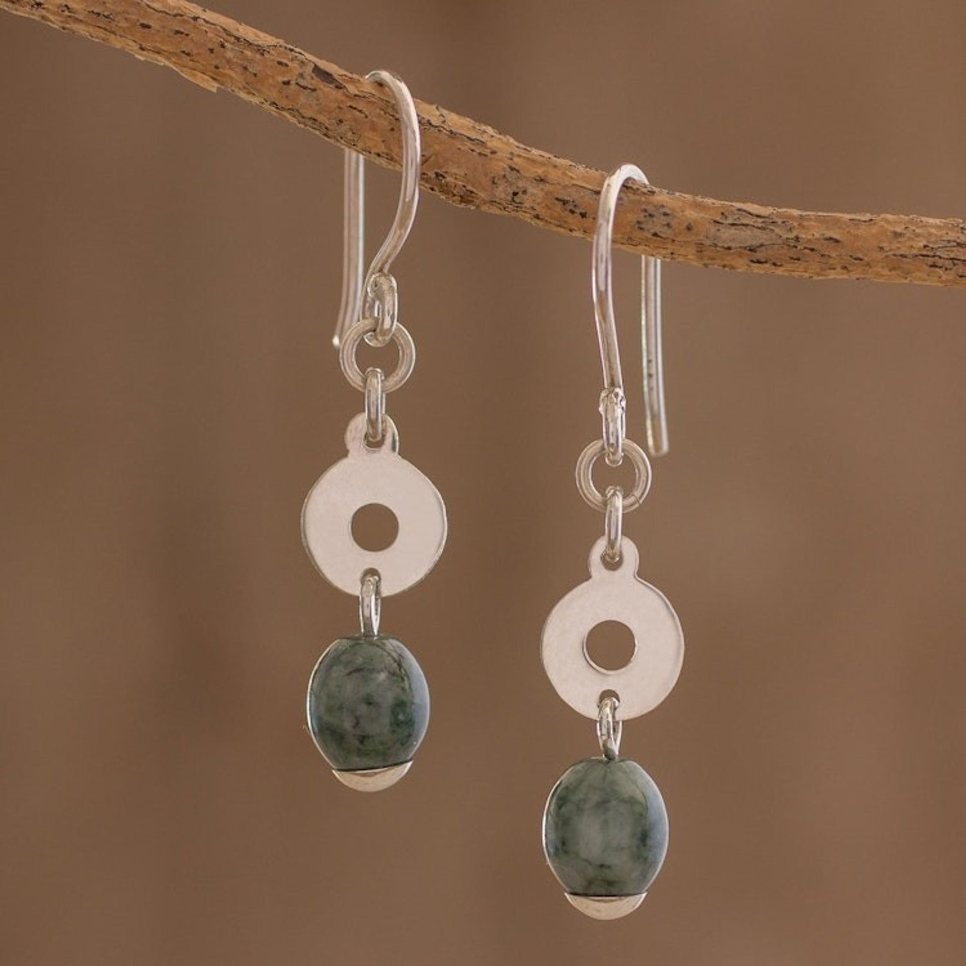 Circular Green Jade Dangle Earrings from Guatemala 'Garden Rings'