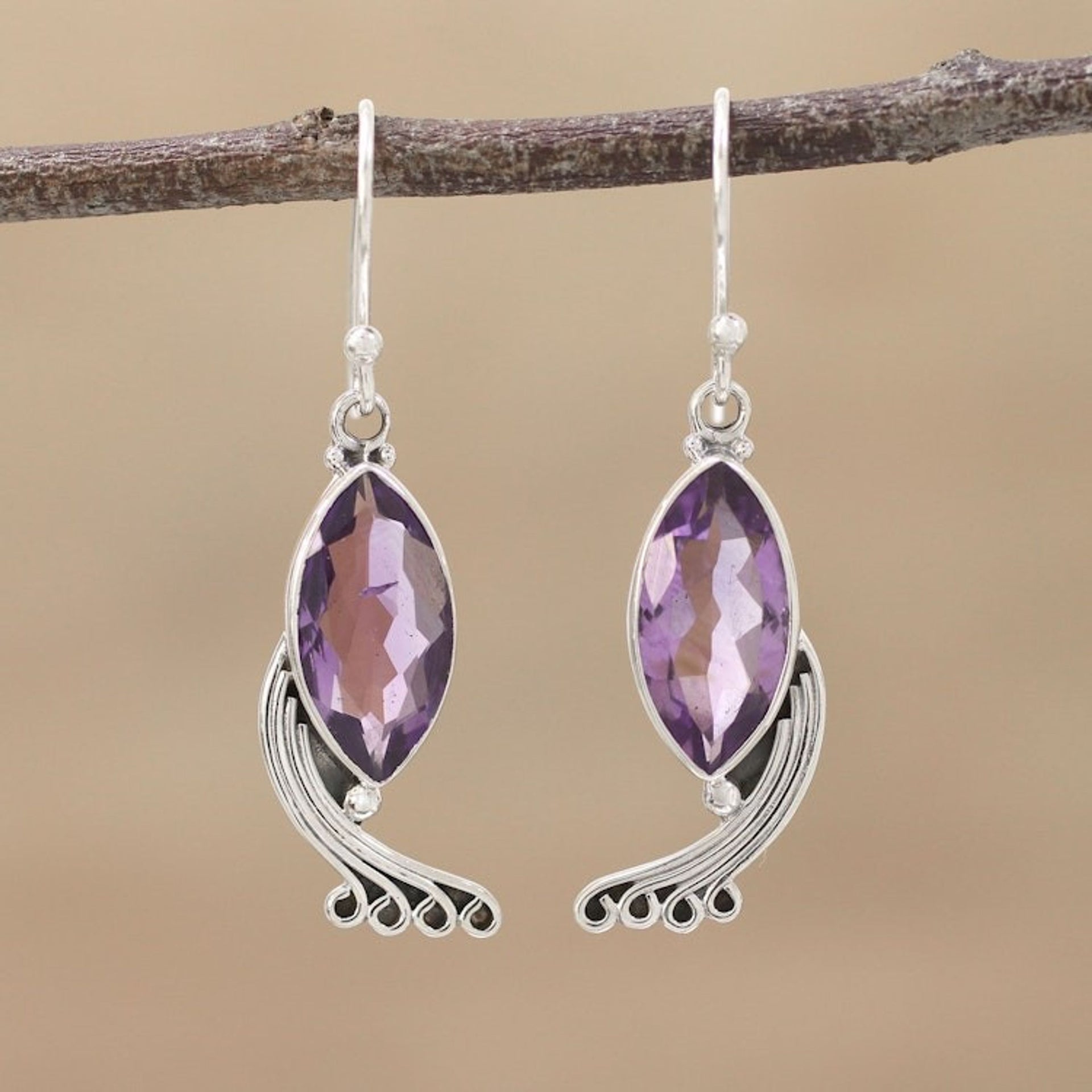 Indian Amethyst and Sterling Silver Peacock Dangle Earrings 'Peacock Grandeur'
