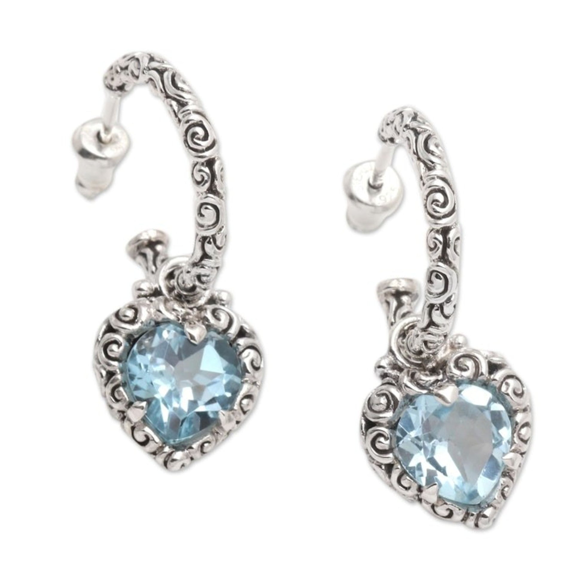 Blue Topaz Hearts in Sterling Silver Half Hoop Earrings 'Love Sparkles'