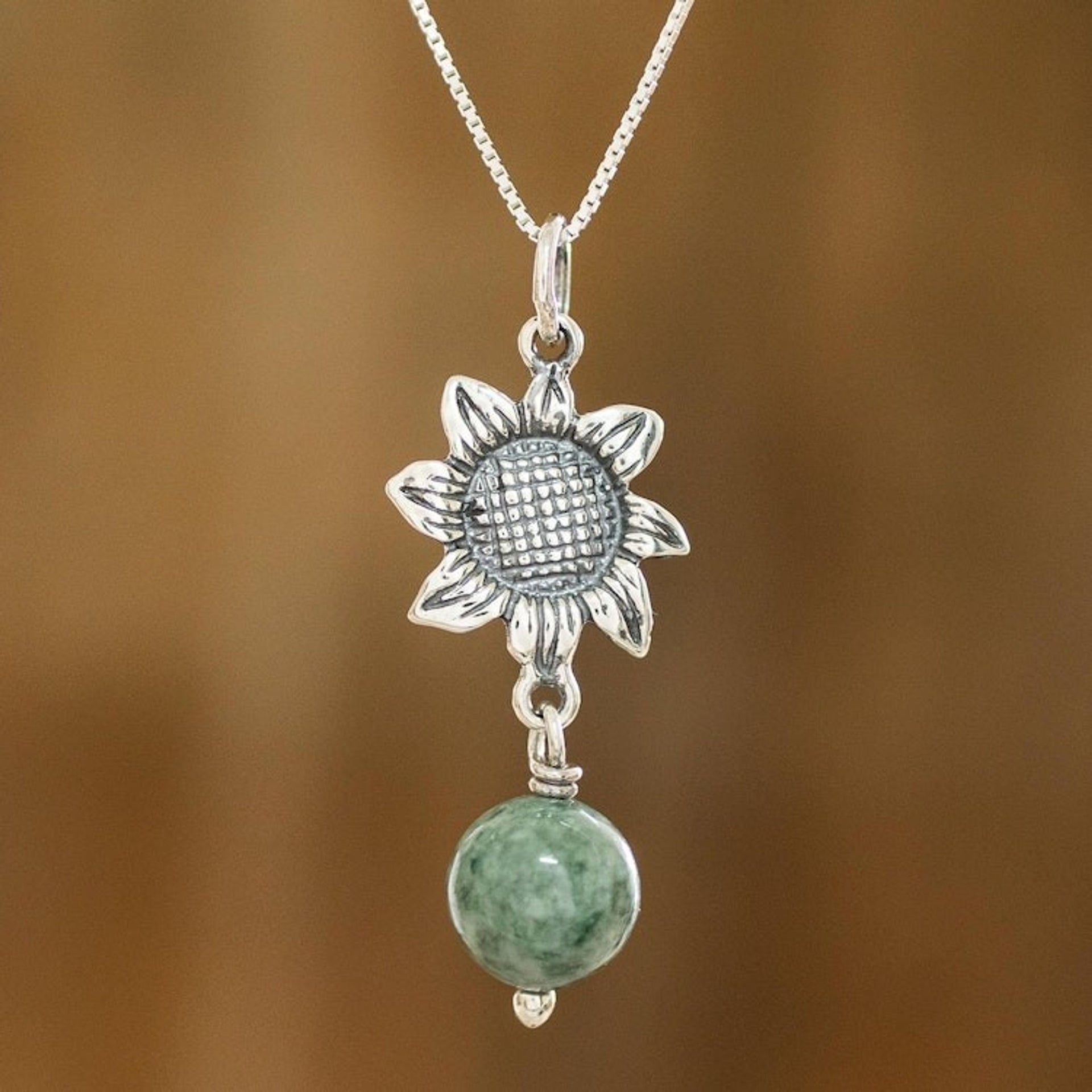 Sterling Silver Flower Pendant Necklace with Jade Bead 'Mayan Flower'