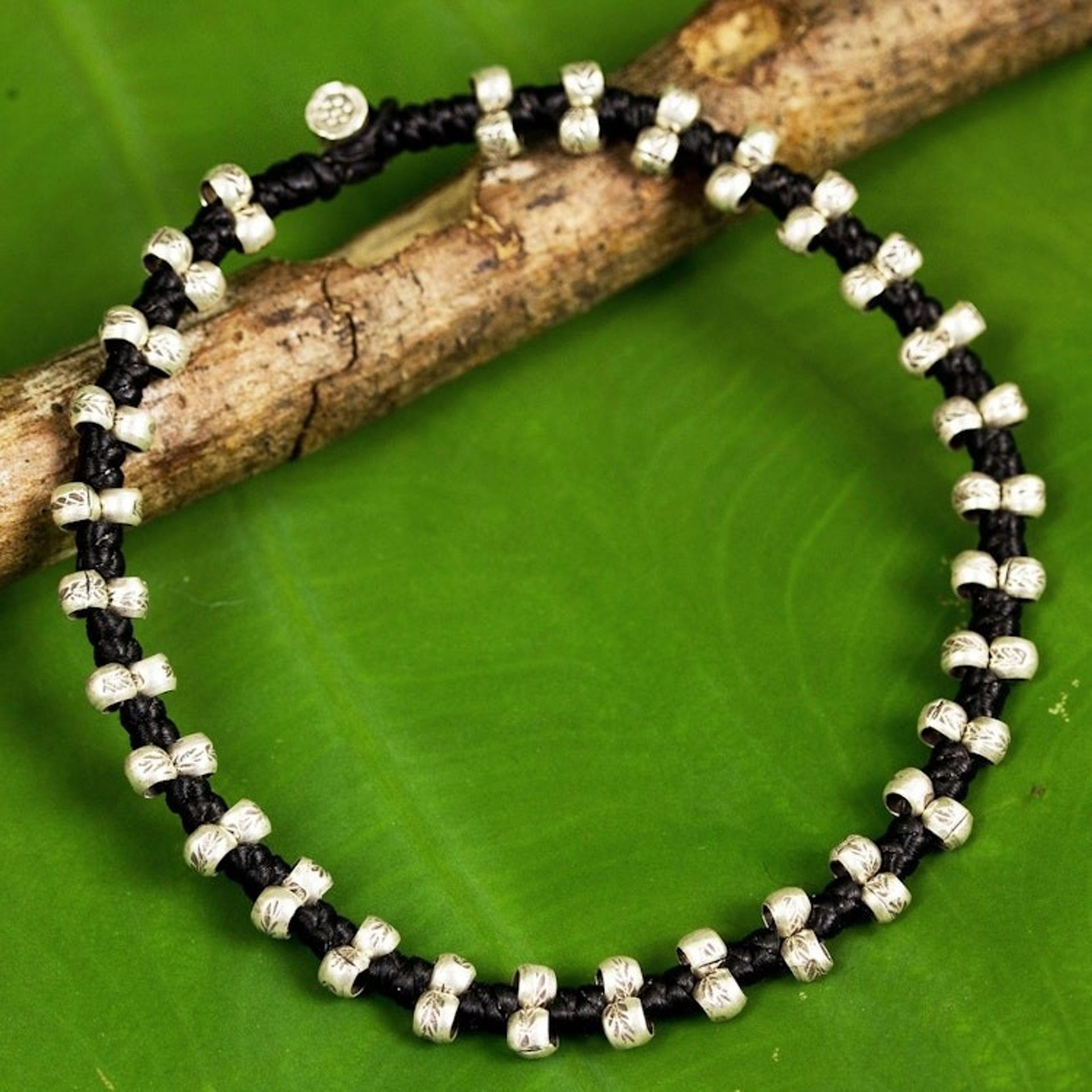 Hill Tribe Silver Accent Wristband Bracelet from Thailand 'Karen Stars'