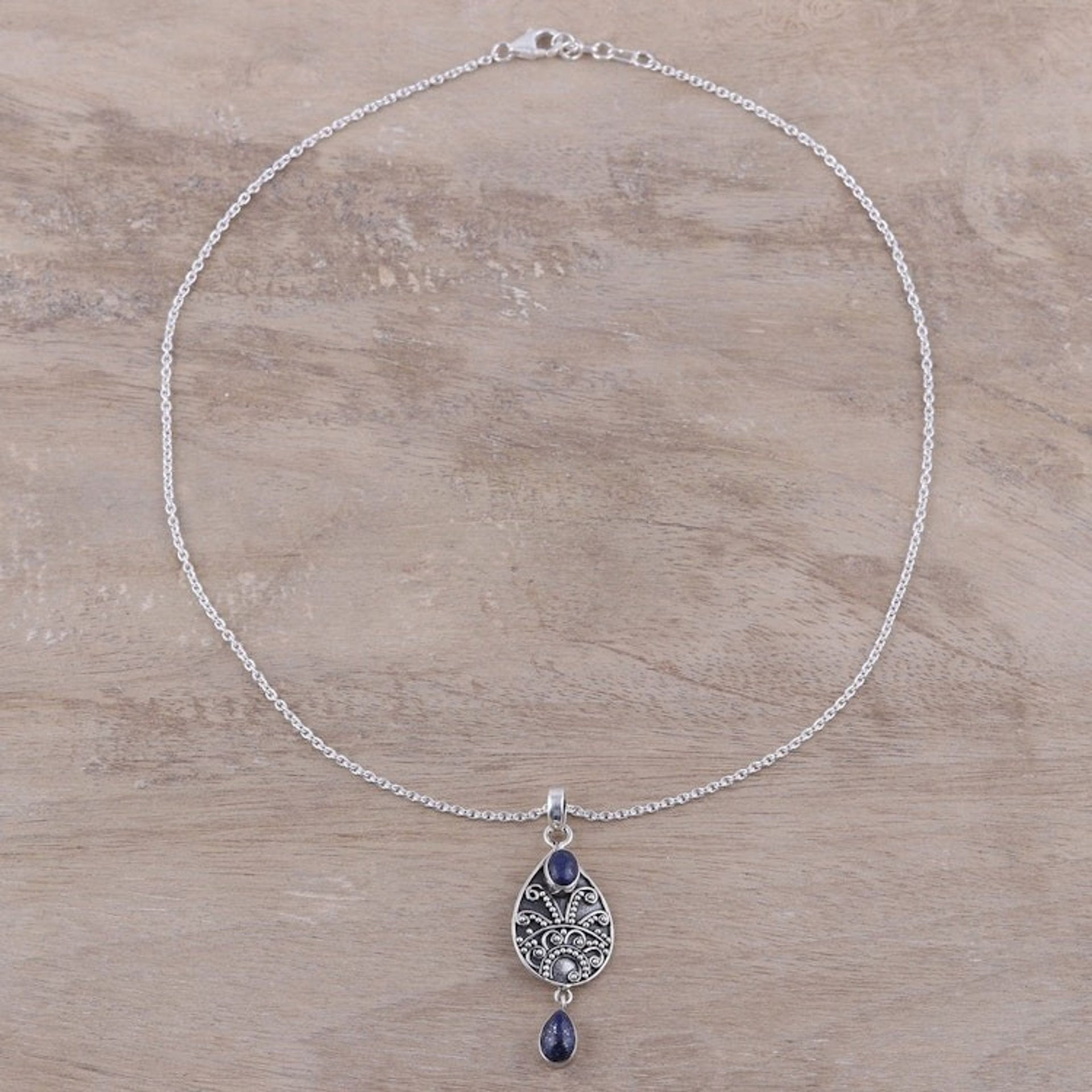 Sterling Silver and Lapis Lazuli Teardrop Pendant Necklace 'Night Sky Dance'
