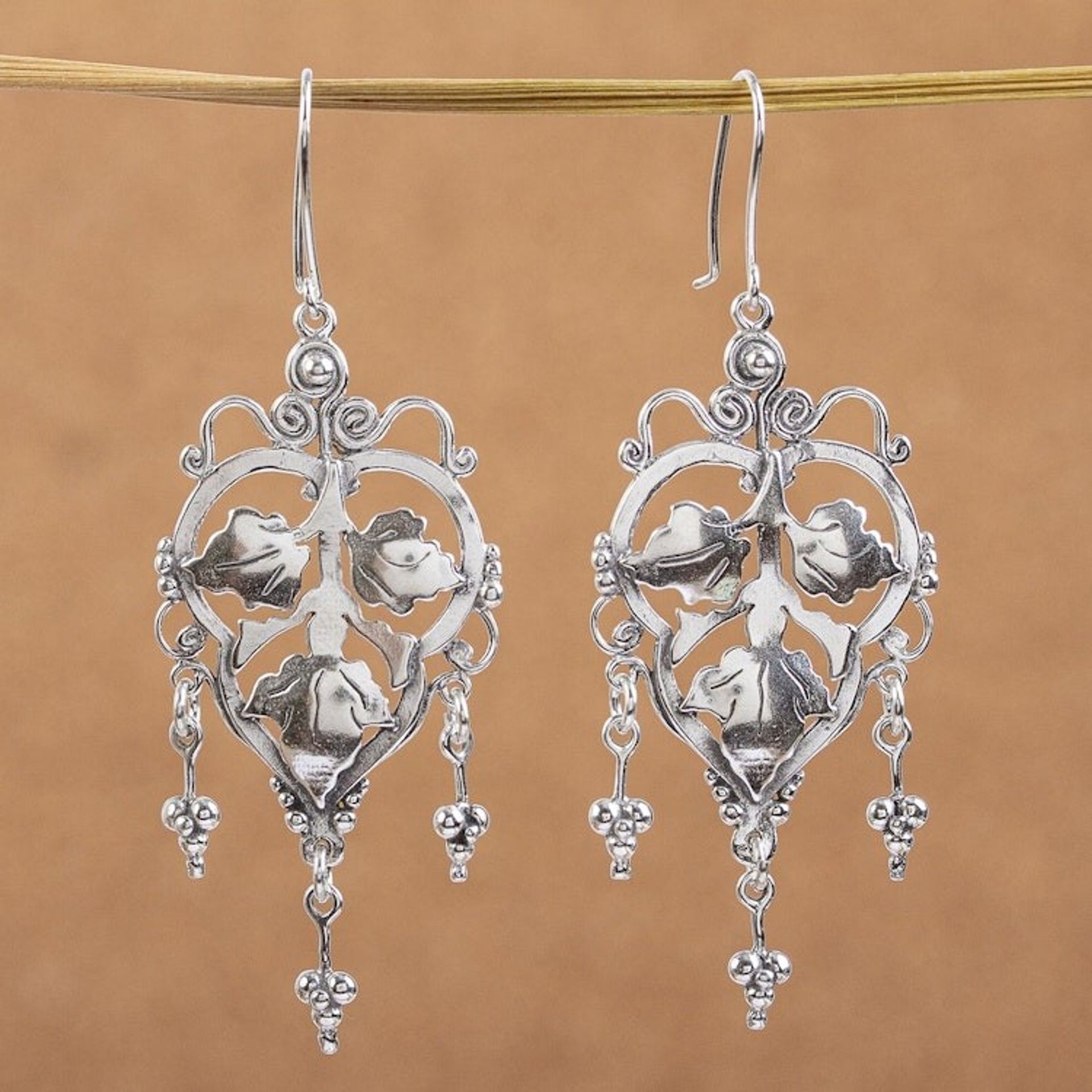 Mexican Handcrafted Sterling Silver Chandelier Earrings 'Three Leaves'