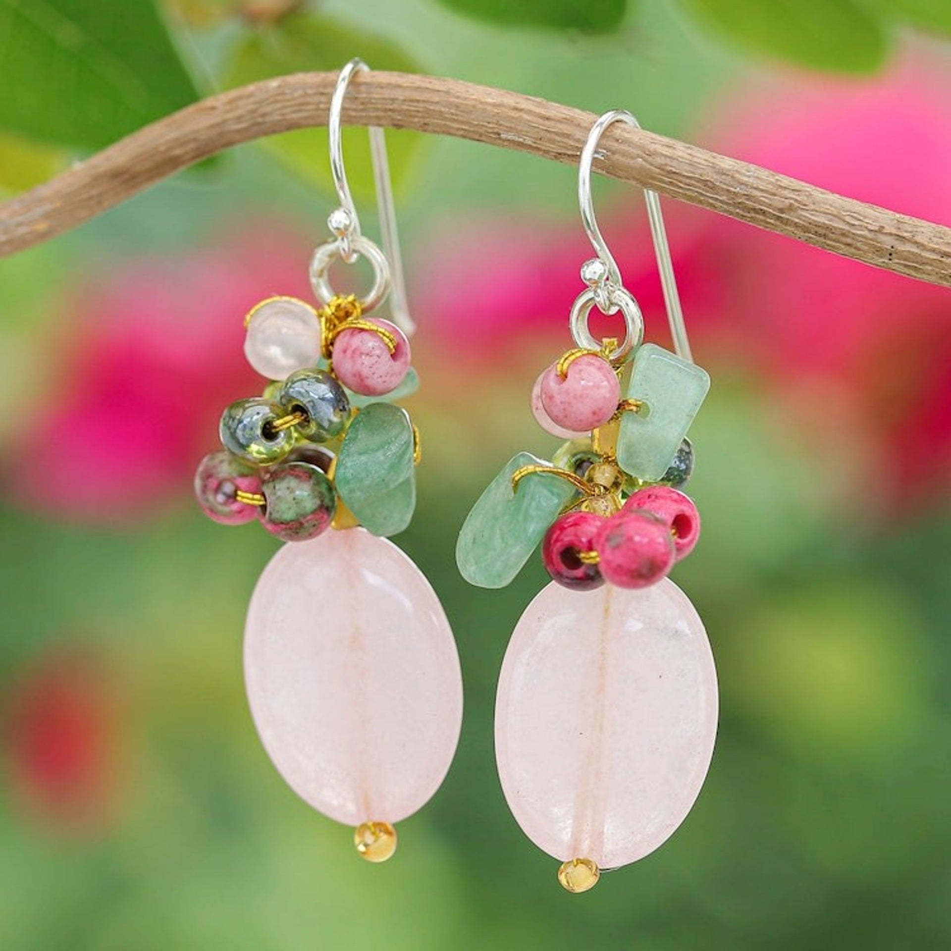 Quartz Aventurine Glass and Resin Beaded Cluster Earrings 'Pink and Green Chic'