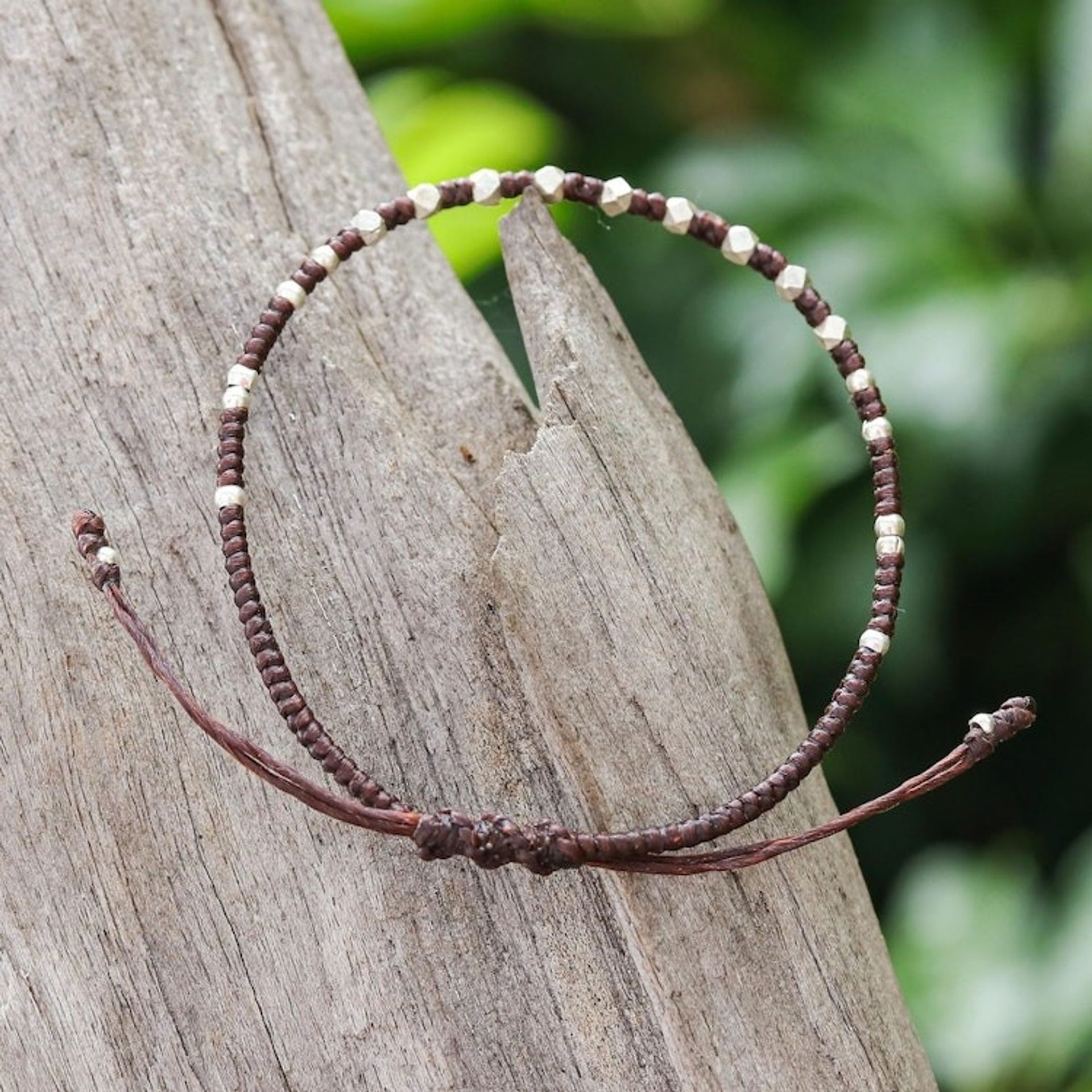 Handcrafted Brown Adjustable Bracelet with Silver Beads 'Youthful Geometry'