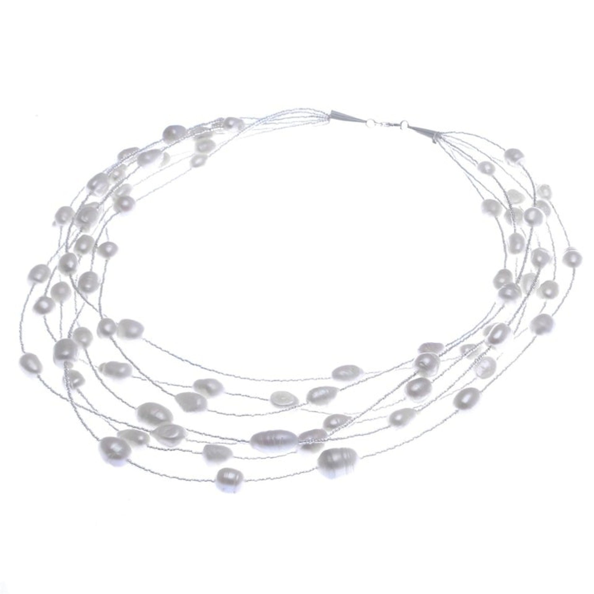 Cultured Pearl and Glass Bead Station Necklace 'Perfect White'