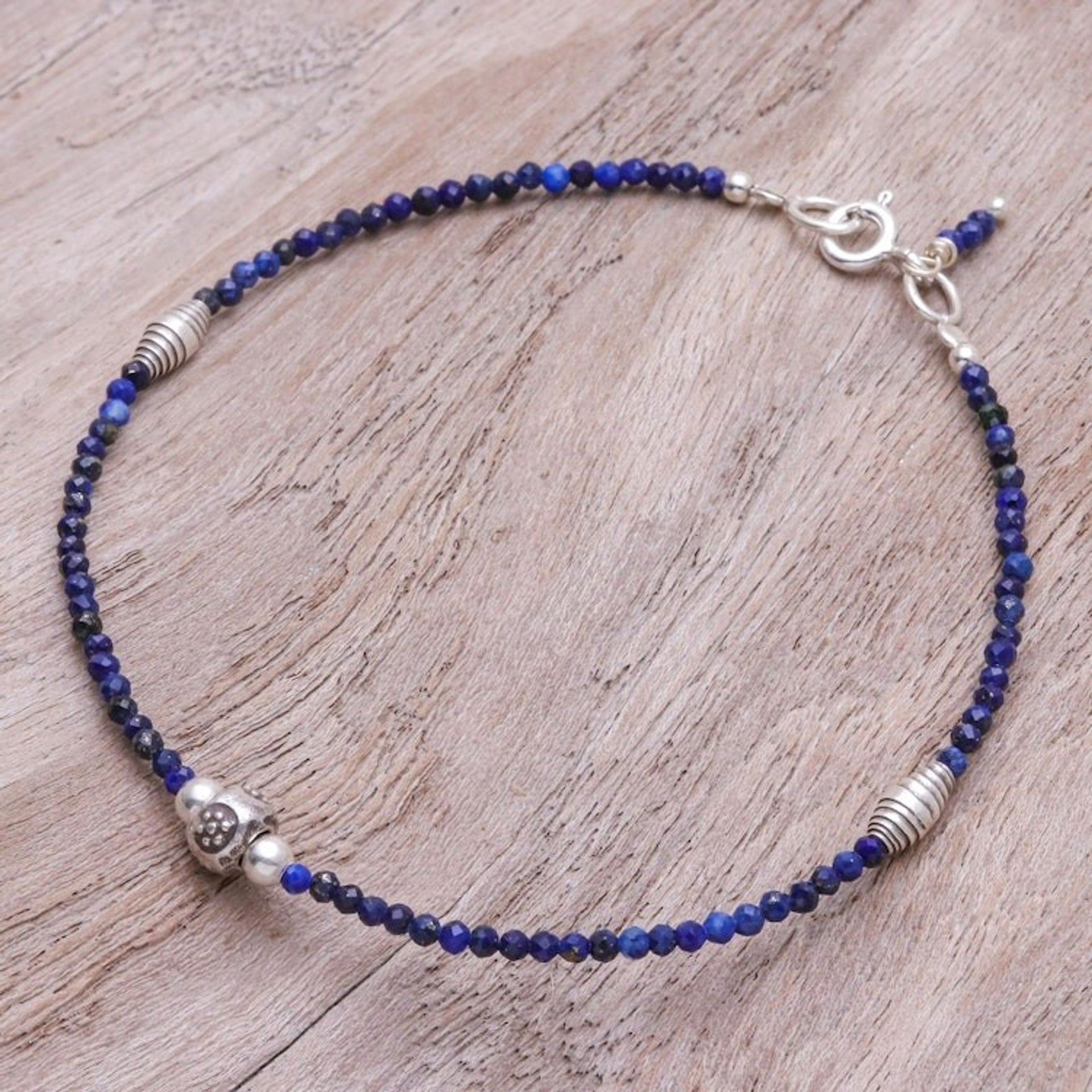 Handmade Lapis Lazuli and Silver Beaded Bracelet 'Good Vibrations in Blue'