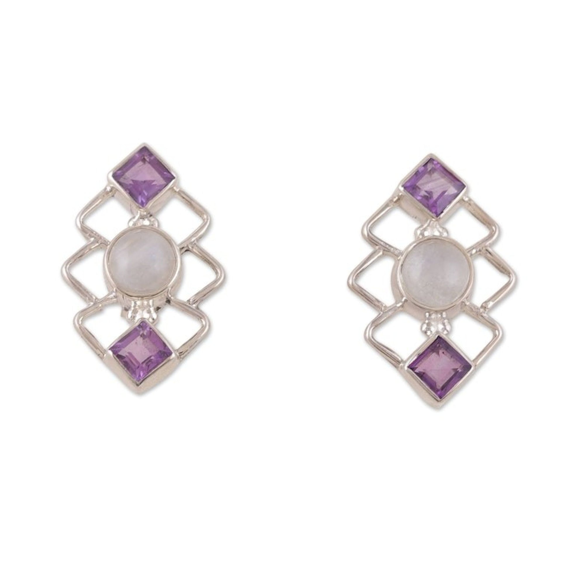 Geometric Amethyst and Rainbow Moonstone Button Earrings 'Charismatic Harmony'