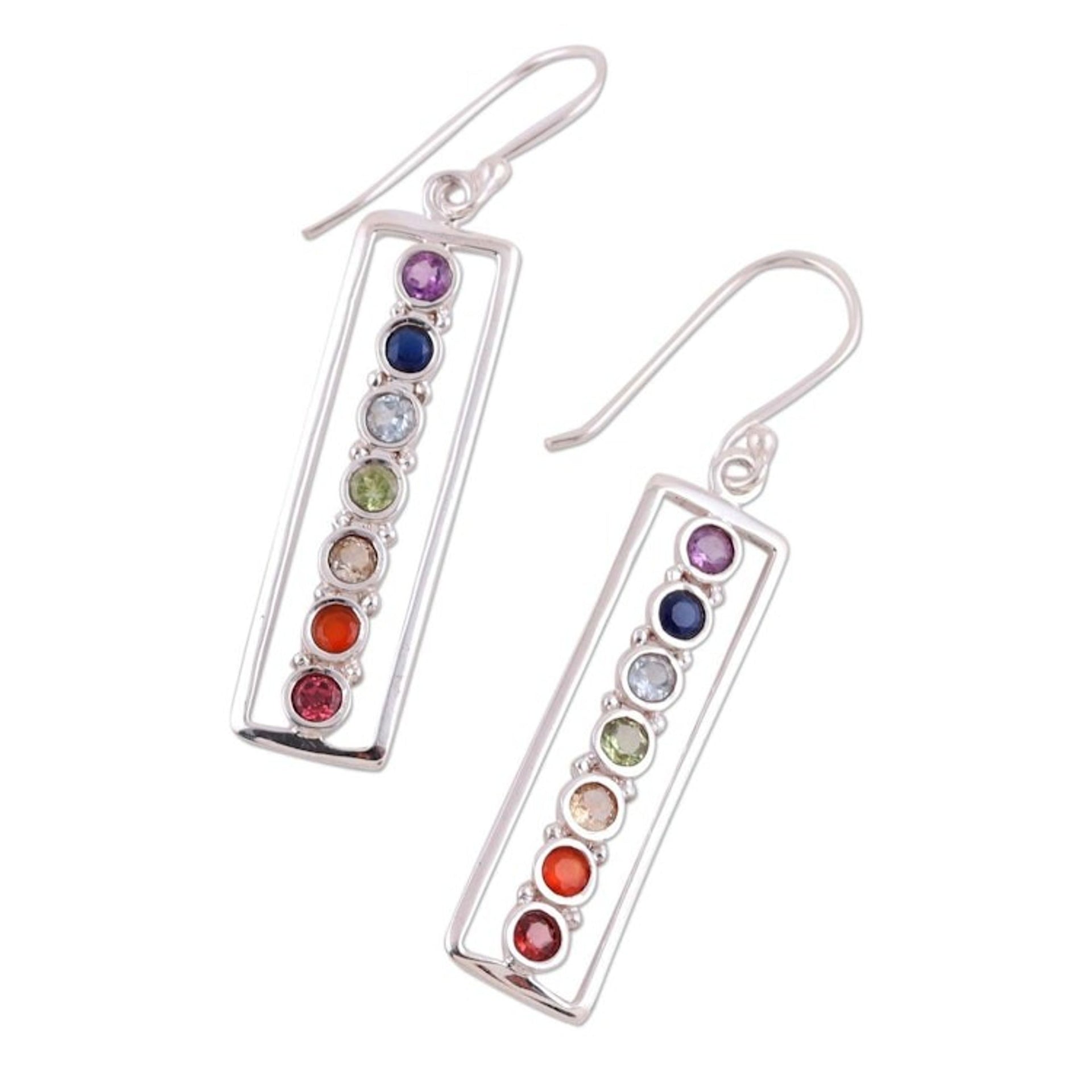925 Sterling Silver Multi-Gemstone Chakra Dangle Earrings 'Shimmering Chakra'