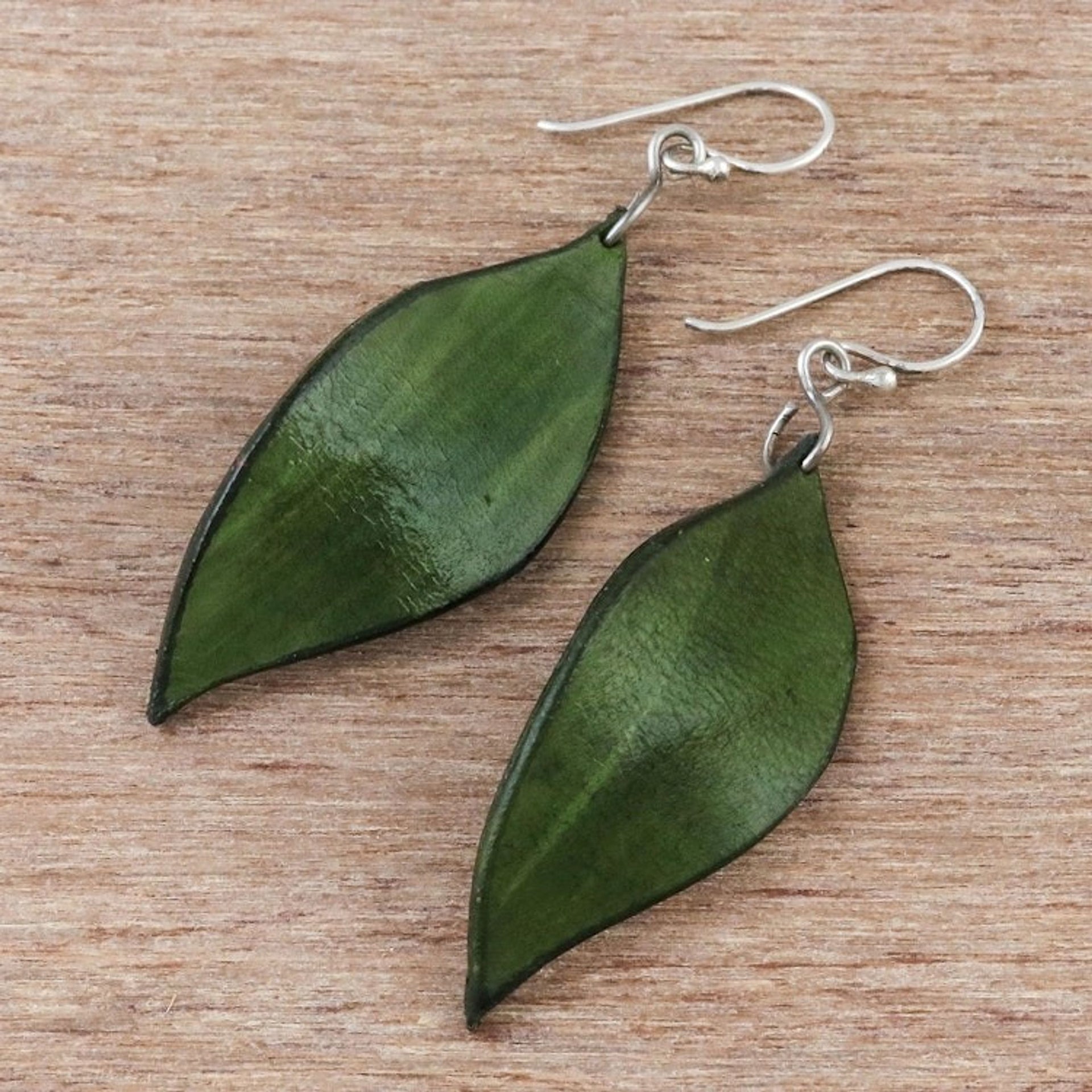 Leaf-Shaped Leather Dangle Earrings in Green from Thailand 'Fanciful Leaves in Green'