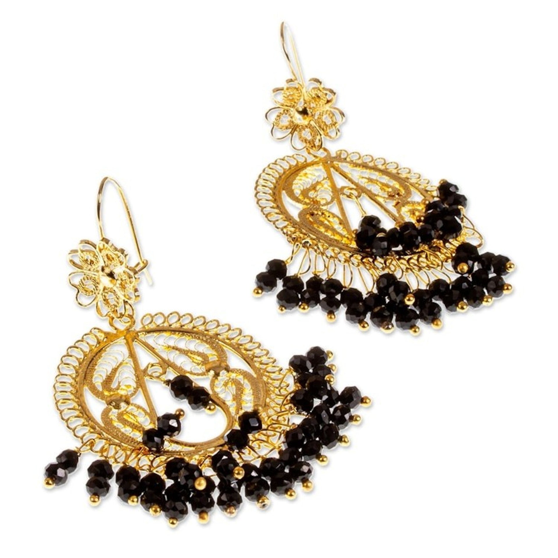 Gold Plated Chandelier Earrings with Black Crystal 'Valley Flower in Black'