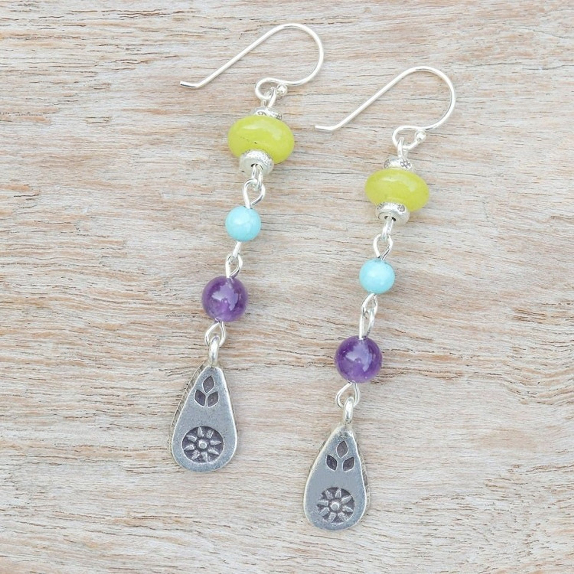 Colorful Multi-Gemstone Dangle Earrings with Silver Accents 'Thail Chic'
