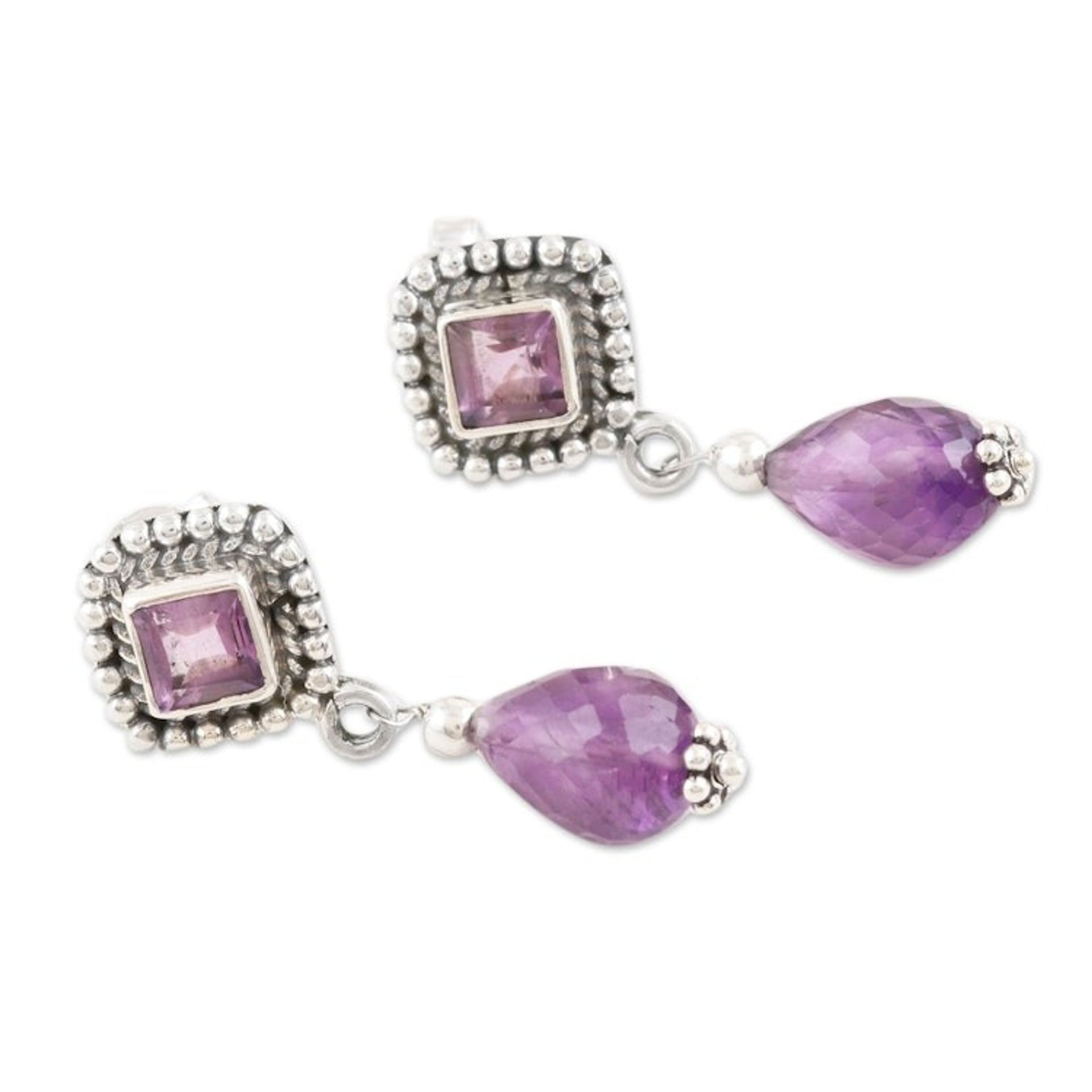 1-Carat Amethyst Dangle Earrings Made From Sterling Silver 'Royal Wisdom'