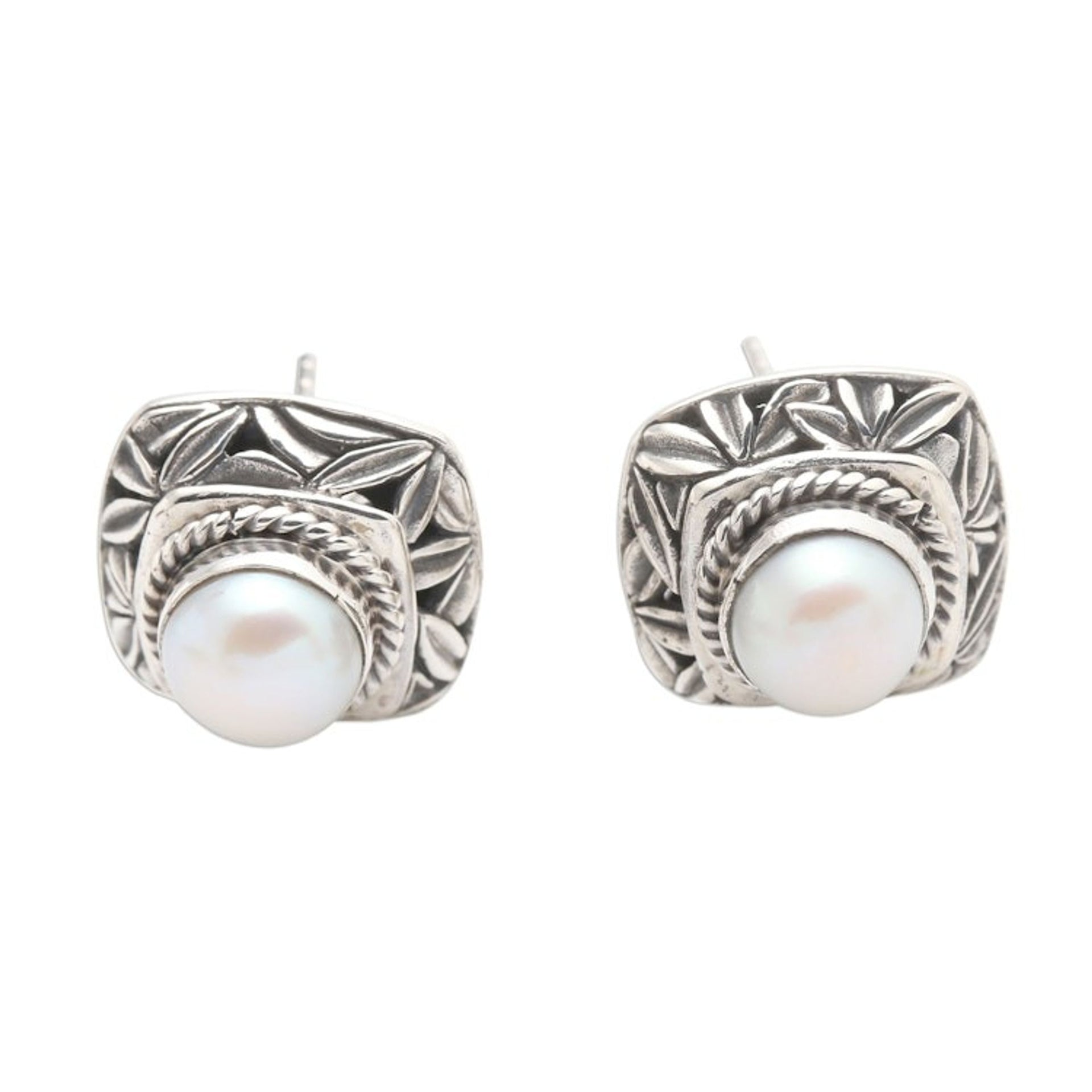 Cultured Pearl and Sterling Silver Button Earrings 'Leaves of Bamboo in White'