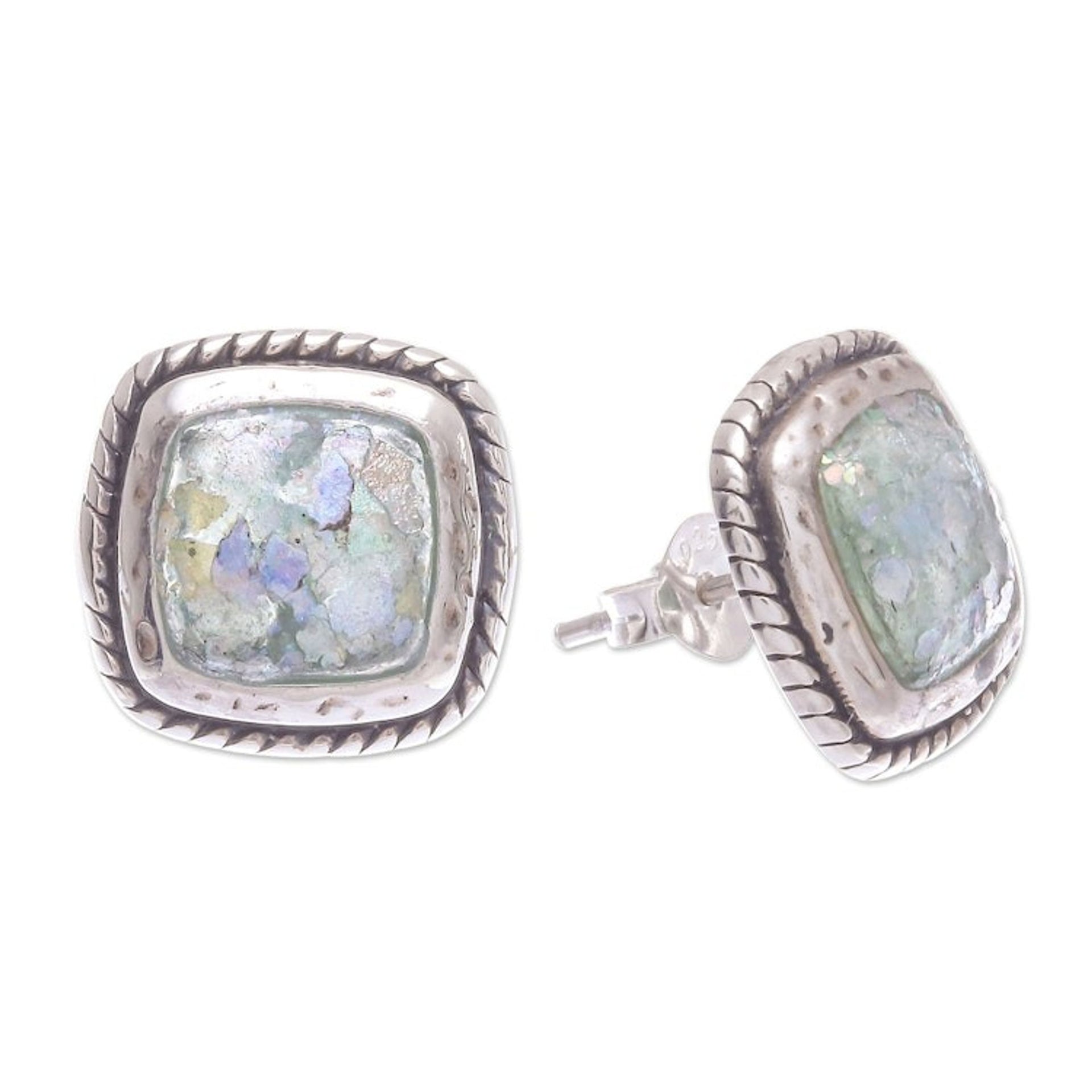Roman Glass and Sterling Silver Button Earrings 'Ancient Mirror'