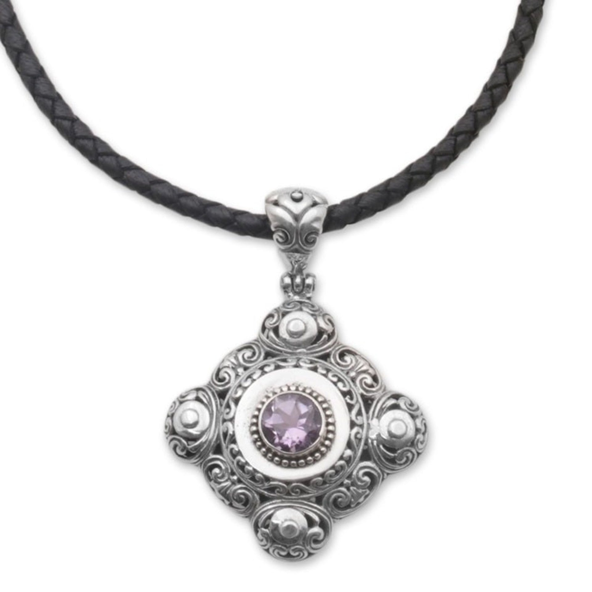 Amethyst and 925 Sterling Silver Pendant Necklace from Bali 'Candi Flower'