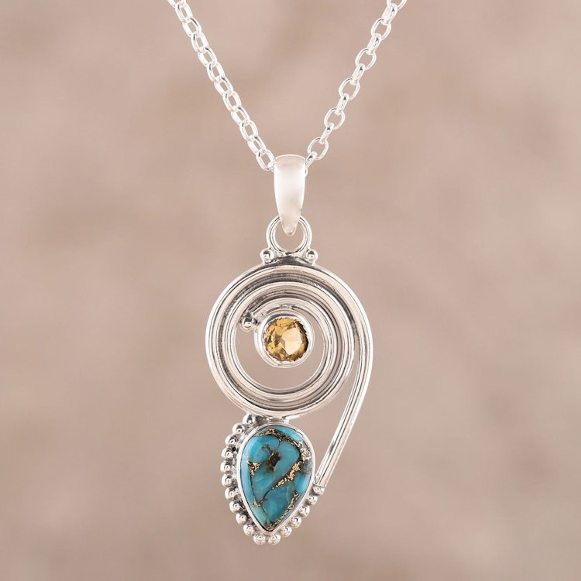 Citrine and Composite Turquoise Pendant Necklace from India 'Wondrous Coil'