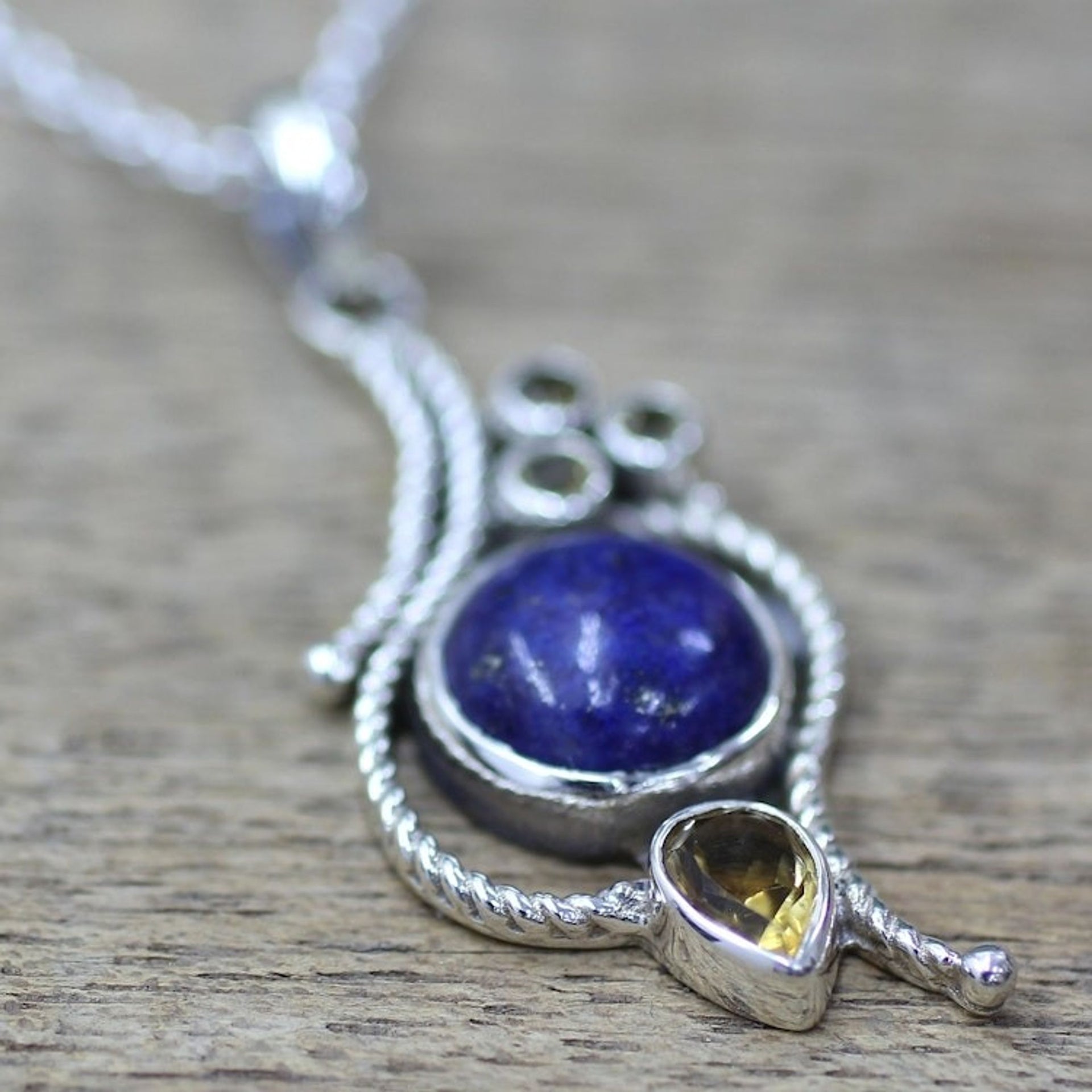 Hand Made Citrine Lapis Lazuli Pendant Necklace from India 'Starry Bliss'