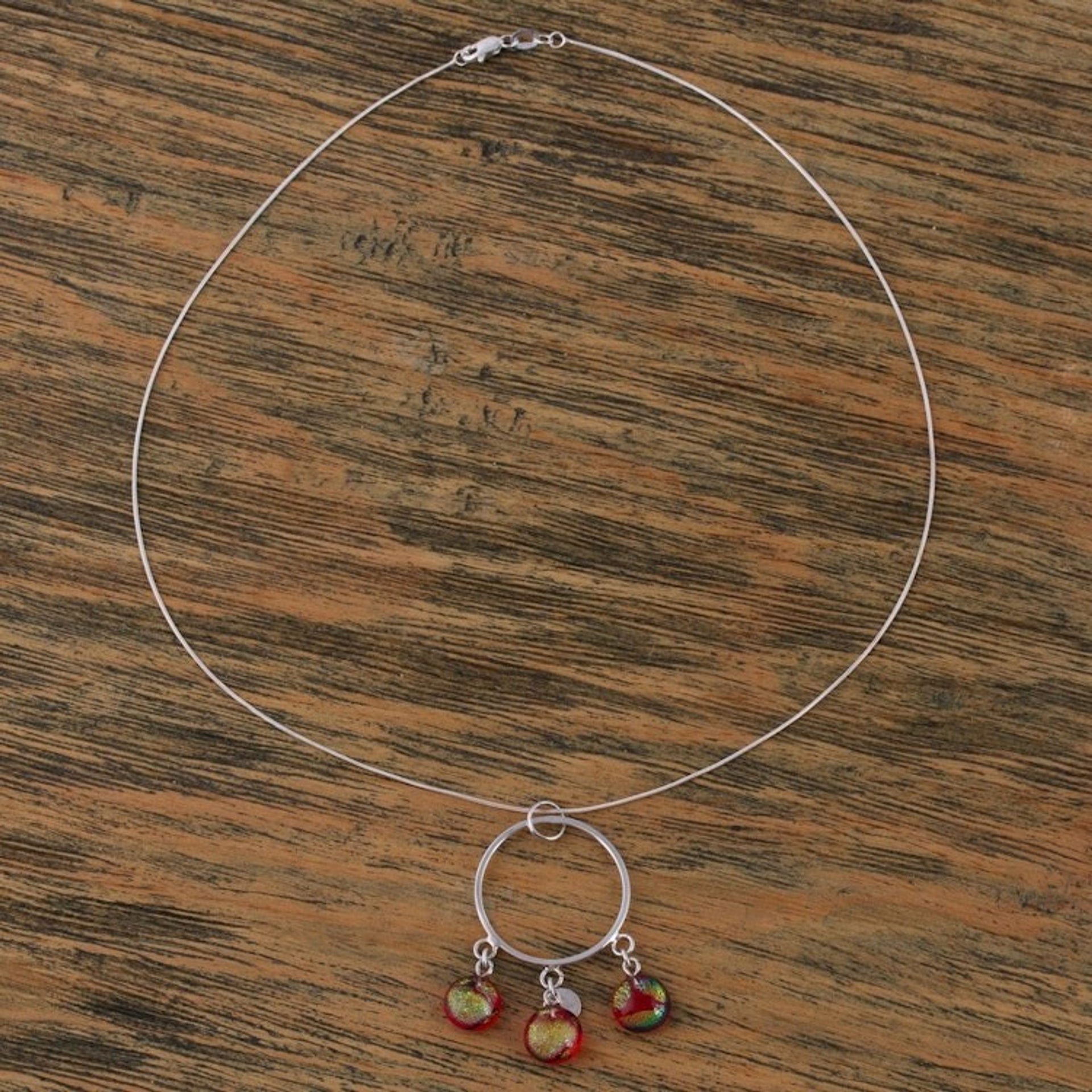 Silver Pendant Necklace with Crimson Dichroic Glass 'Summer Sun'