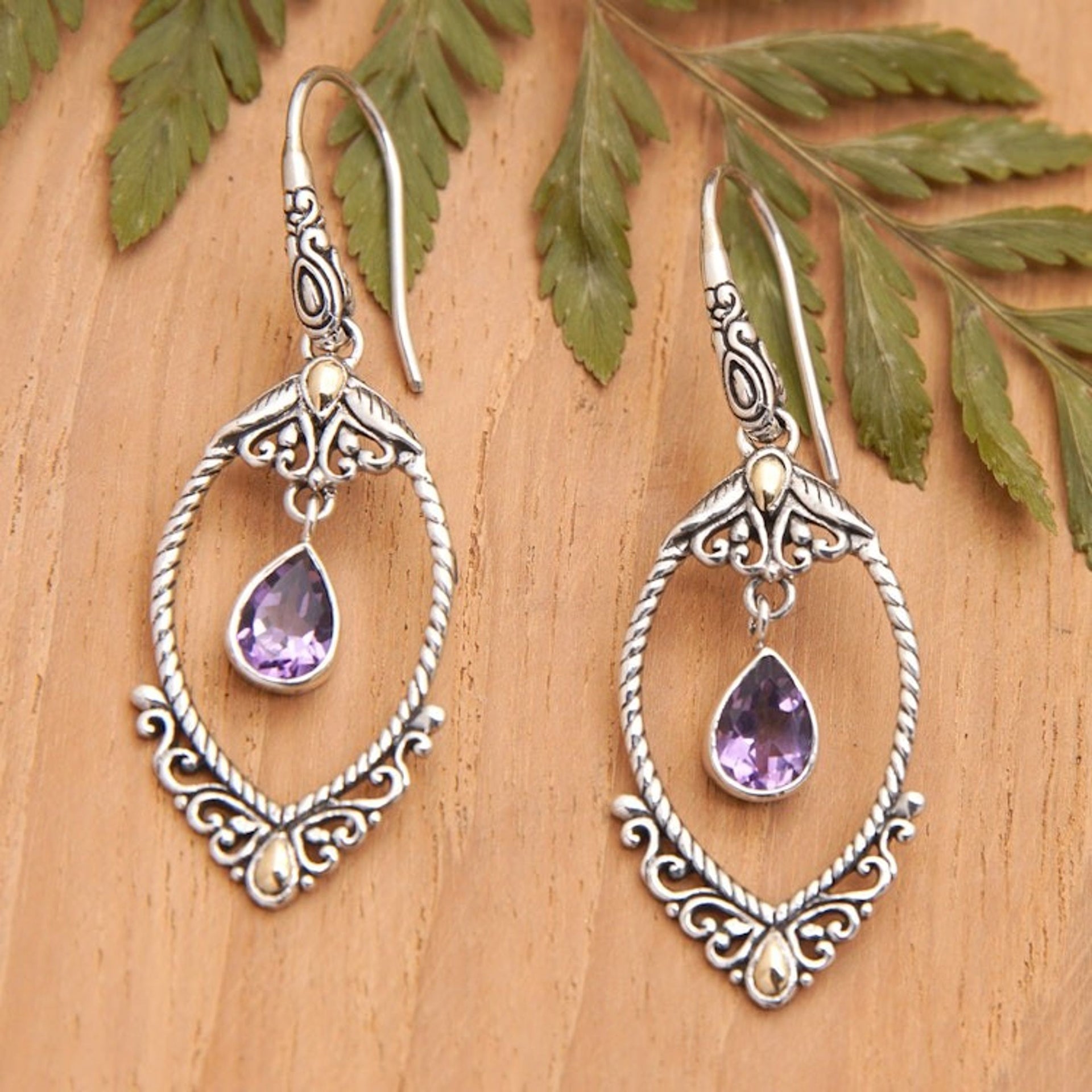 925 Silver Dangle Earrings with Amethysts and Gold Accents 'Mystic Purple'