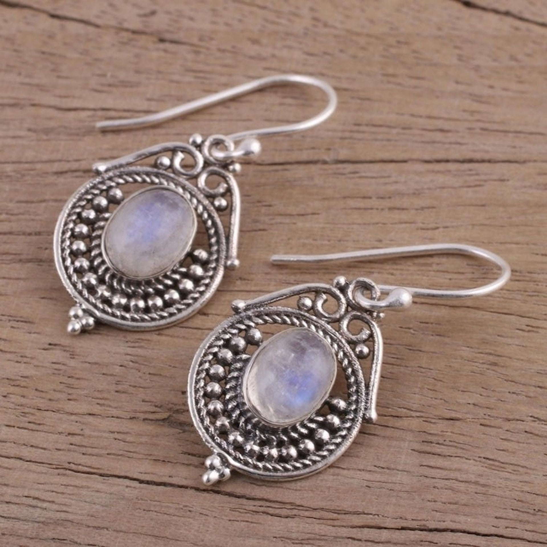 Rainbow Moonstone and Sterling Silver Earrings from India 'Majestic Circles'