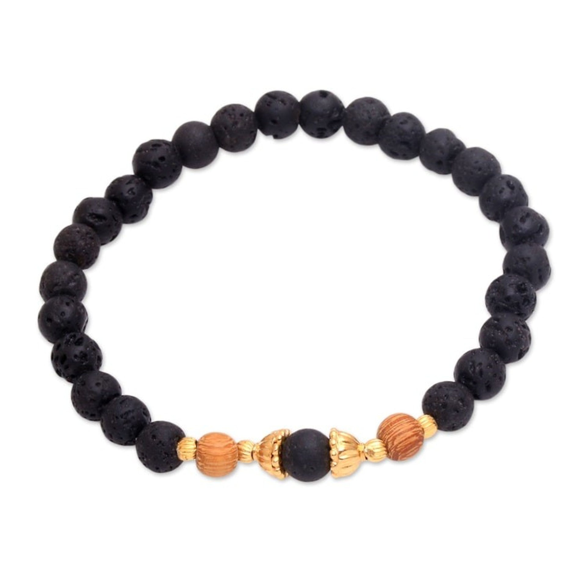 Lava Stone Bracelet with Gold Plated Beads 'Batuan Tune'