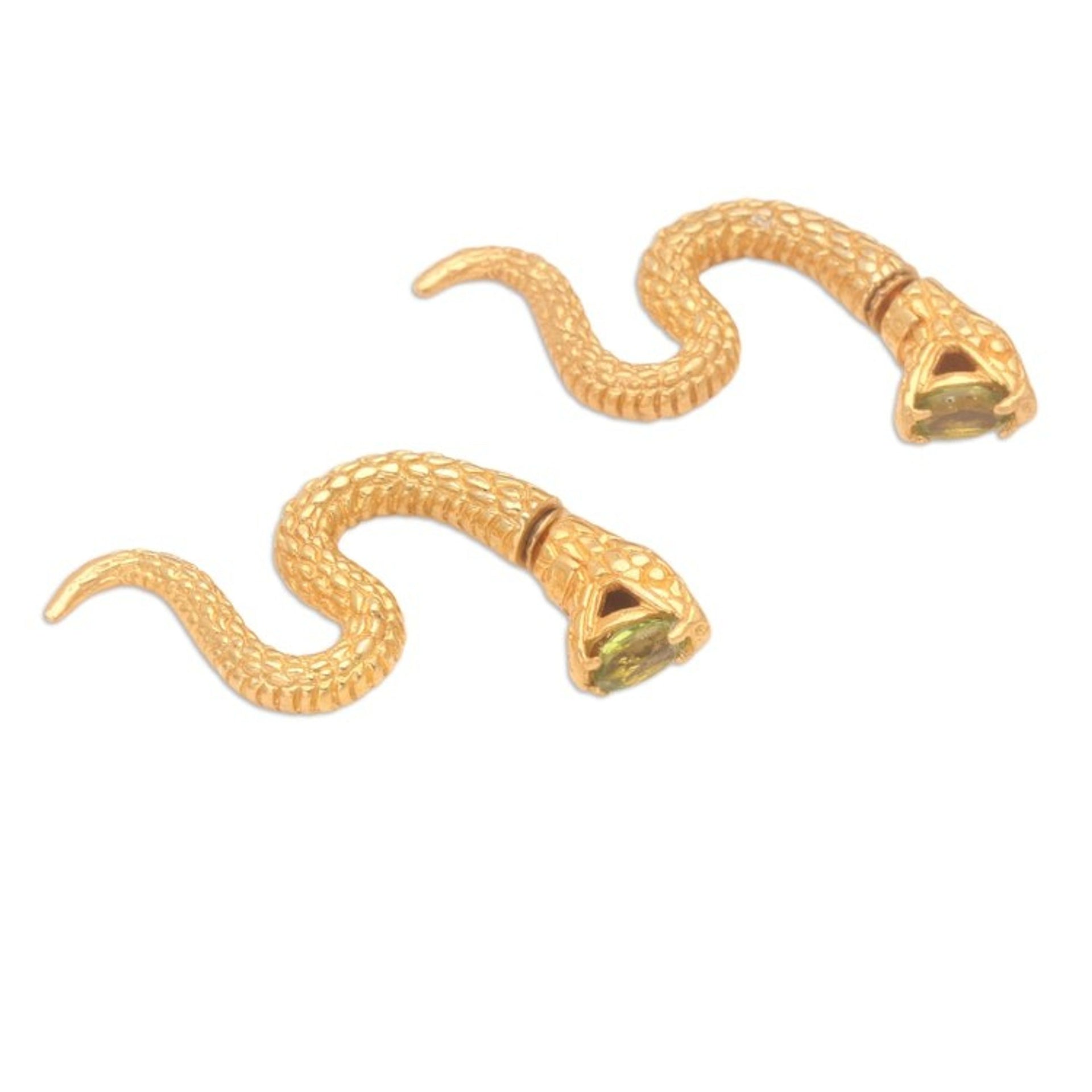 18k Gold-Plated Snake Drop Earrings with Peridot Stones 'Green Snake Attack'