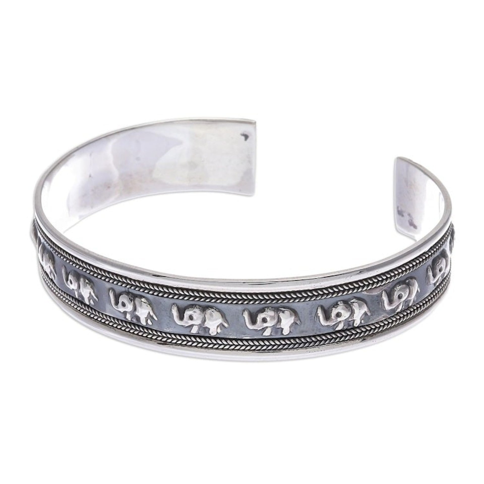 Sterling Silver Elephant-Themed Cuff Bracelet 'On Parade in Small'