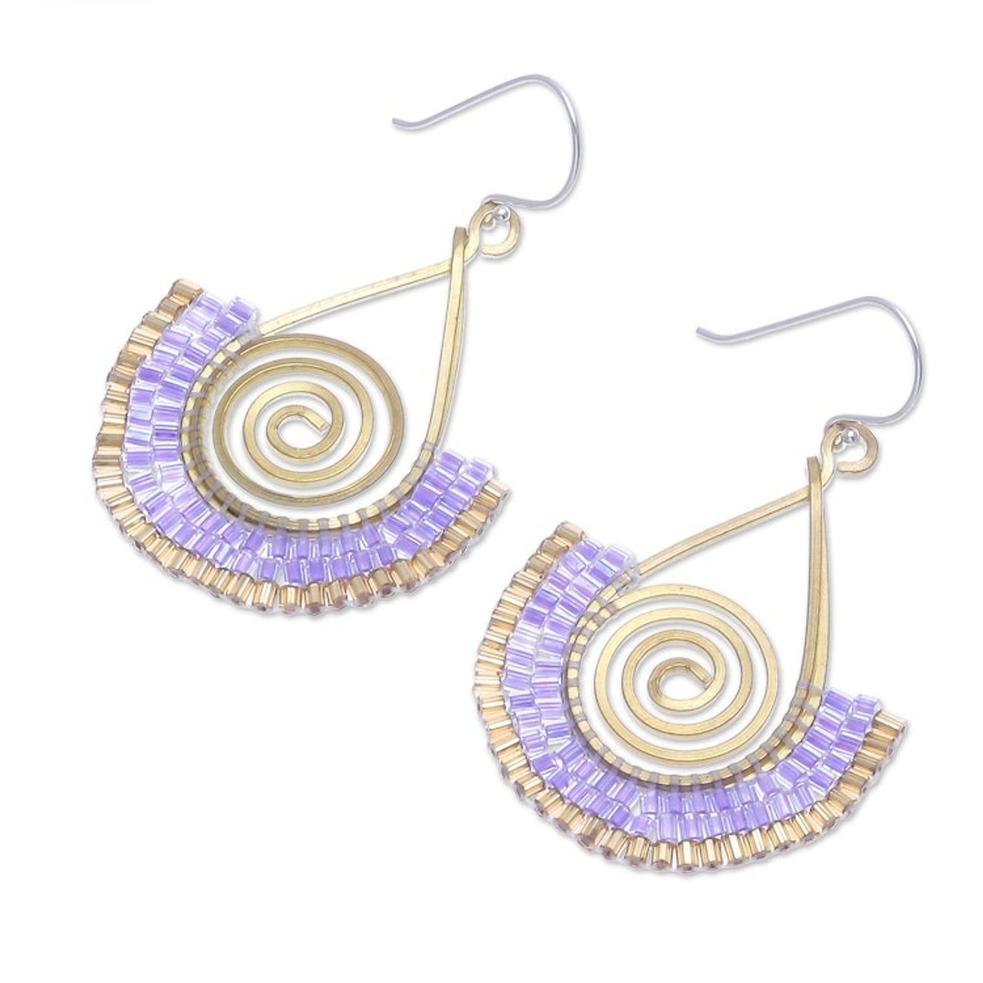 Lavender and Gold Glass Bead Spiral Dangle Earrings 'Spiral Fan in Lavender'