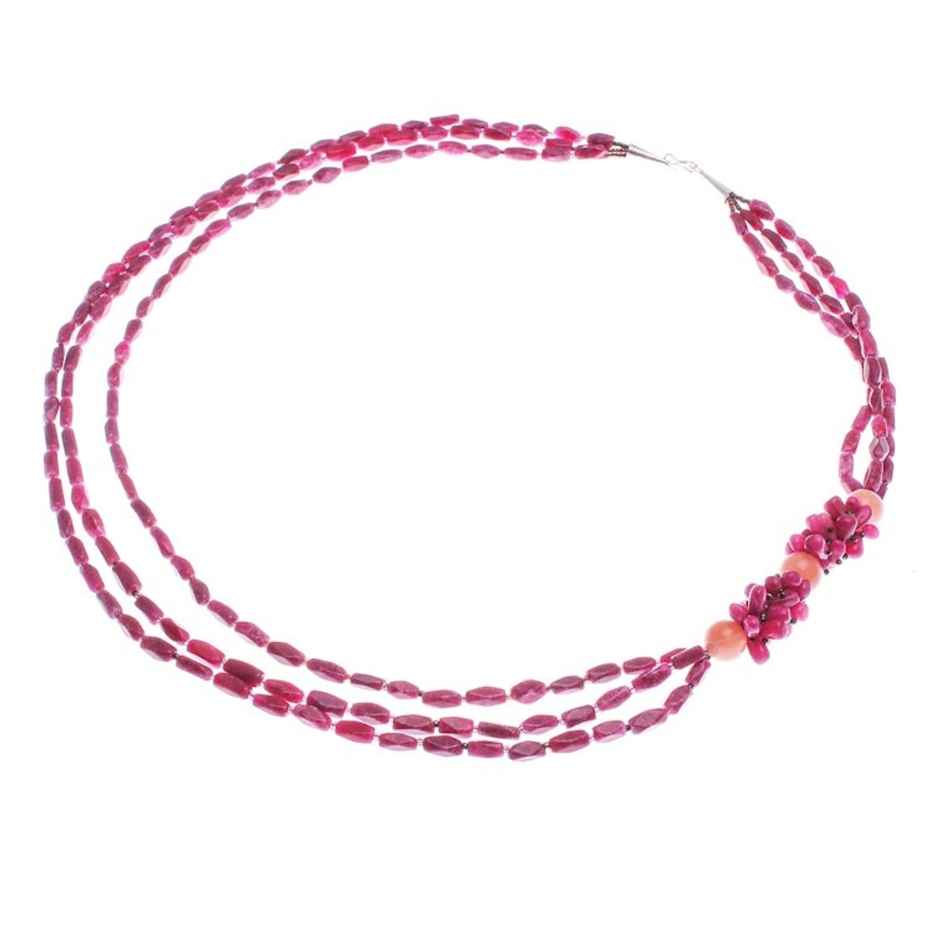 Hand Crafted Pink Quartz Glass Long Beaded Strand Necklace 'Pink Fantasy'