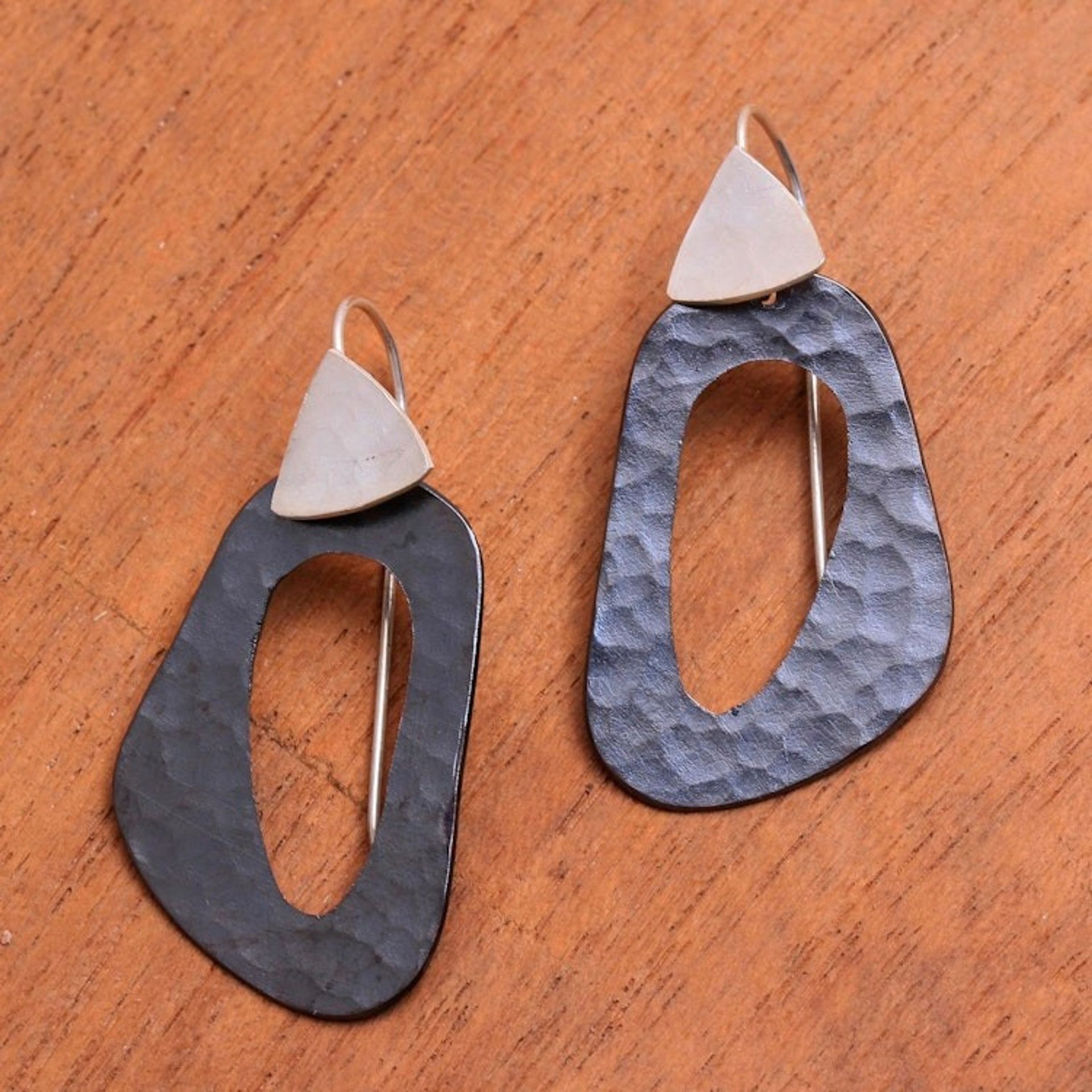 Abstract Sterling Silver and Dark Copper Dangle Earrings 'Dark Lakes'