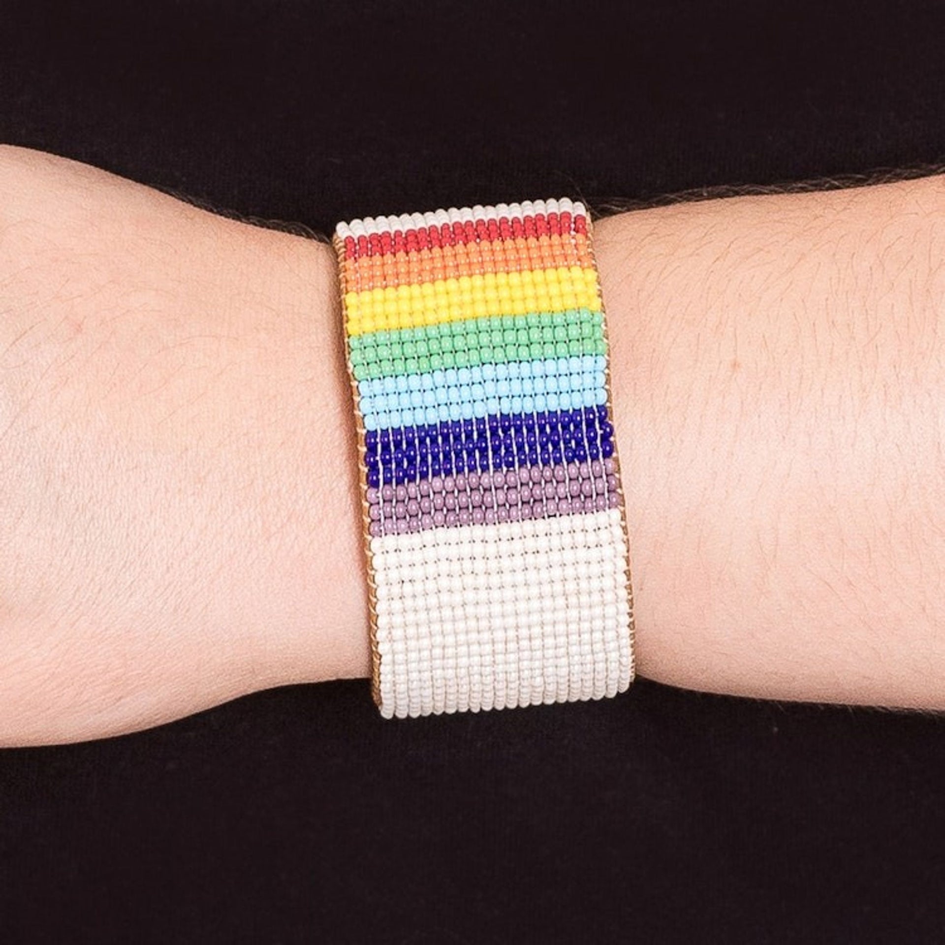 Rainbow Leather-Accented Glass Beaded Cuff Bracelet 'Rainbow Revival'