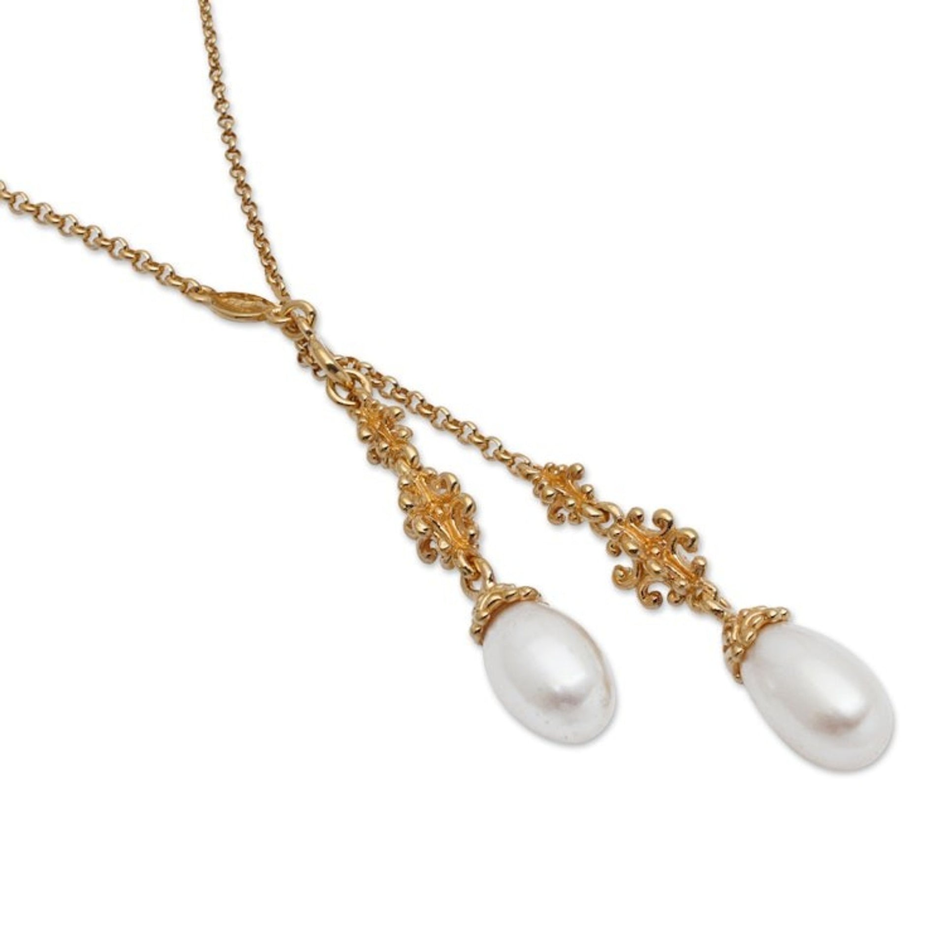 Natural White Pearl Lariat Necklace in 18k Gold Plating 'Ocean Morn'