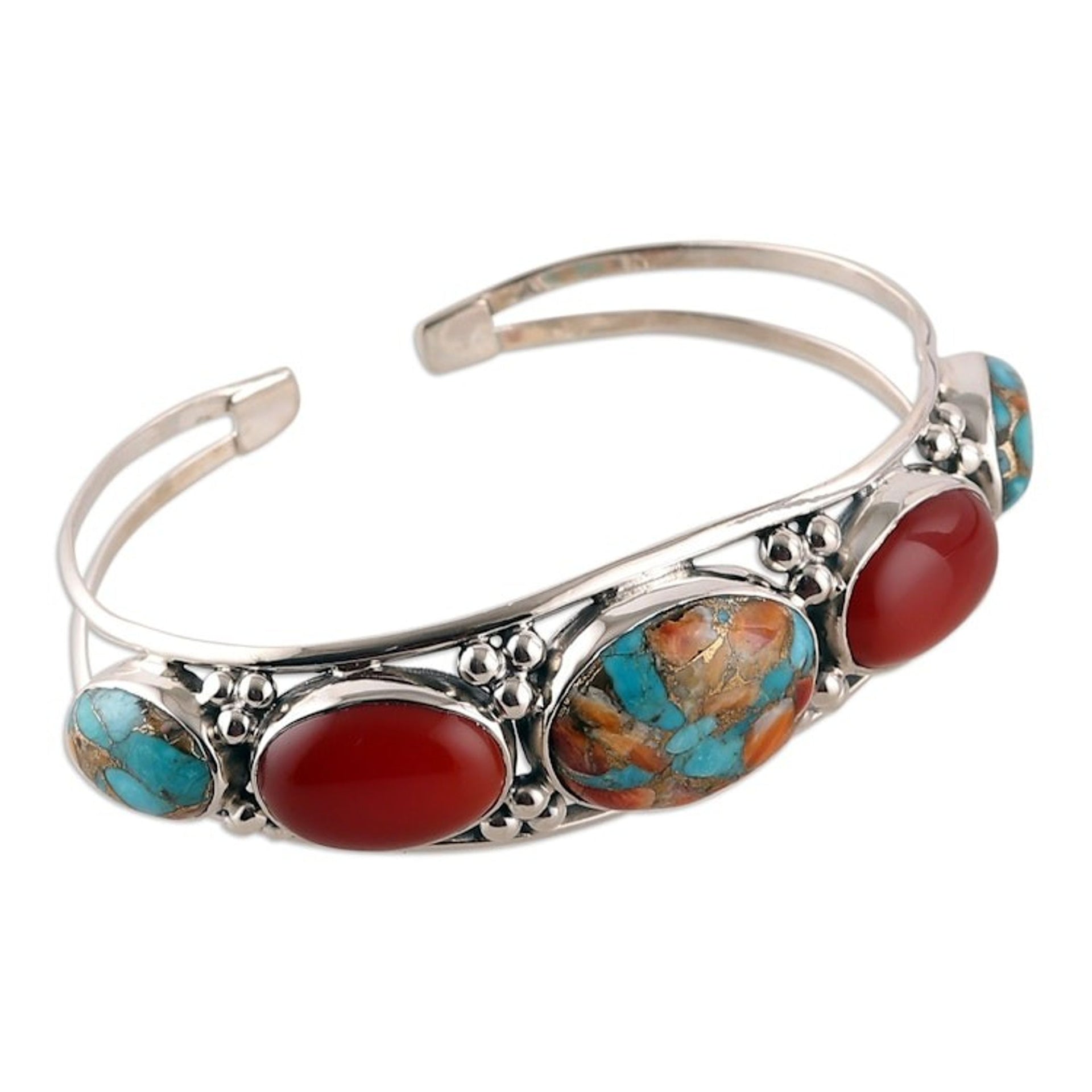 Reconstituted Turquoise Carnelian Silver Cuff Bracelet 'Lively Allure'