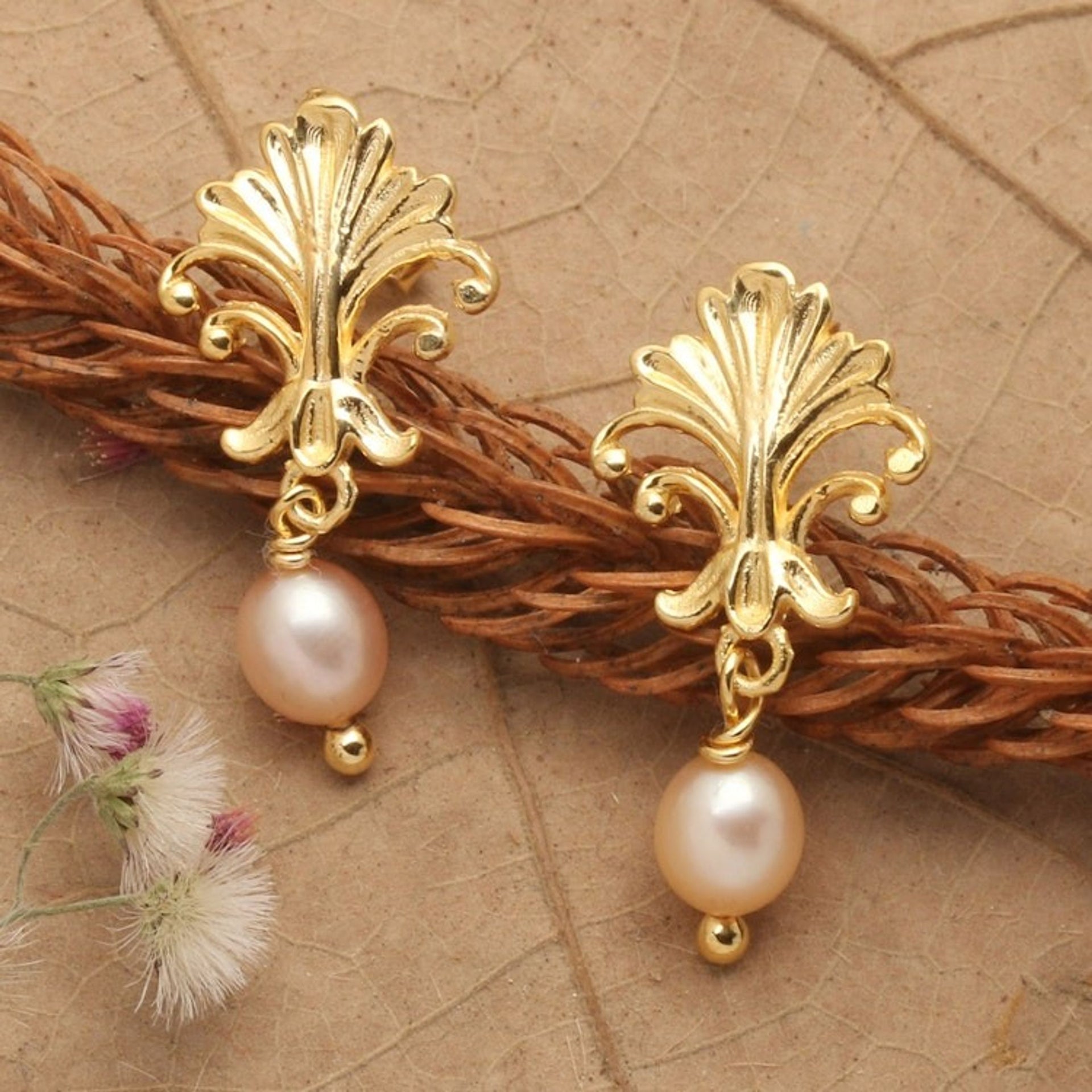 Baroque-Inspired 18k Gold-Plated Peach Pearl Dangle Earrings 'Romantic Tree'
