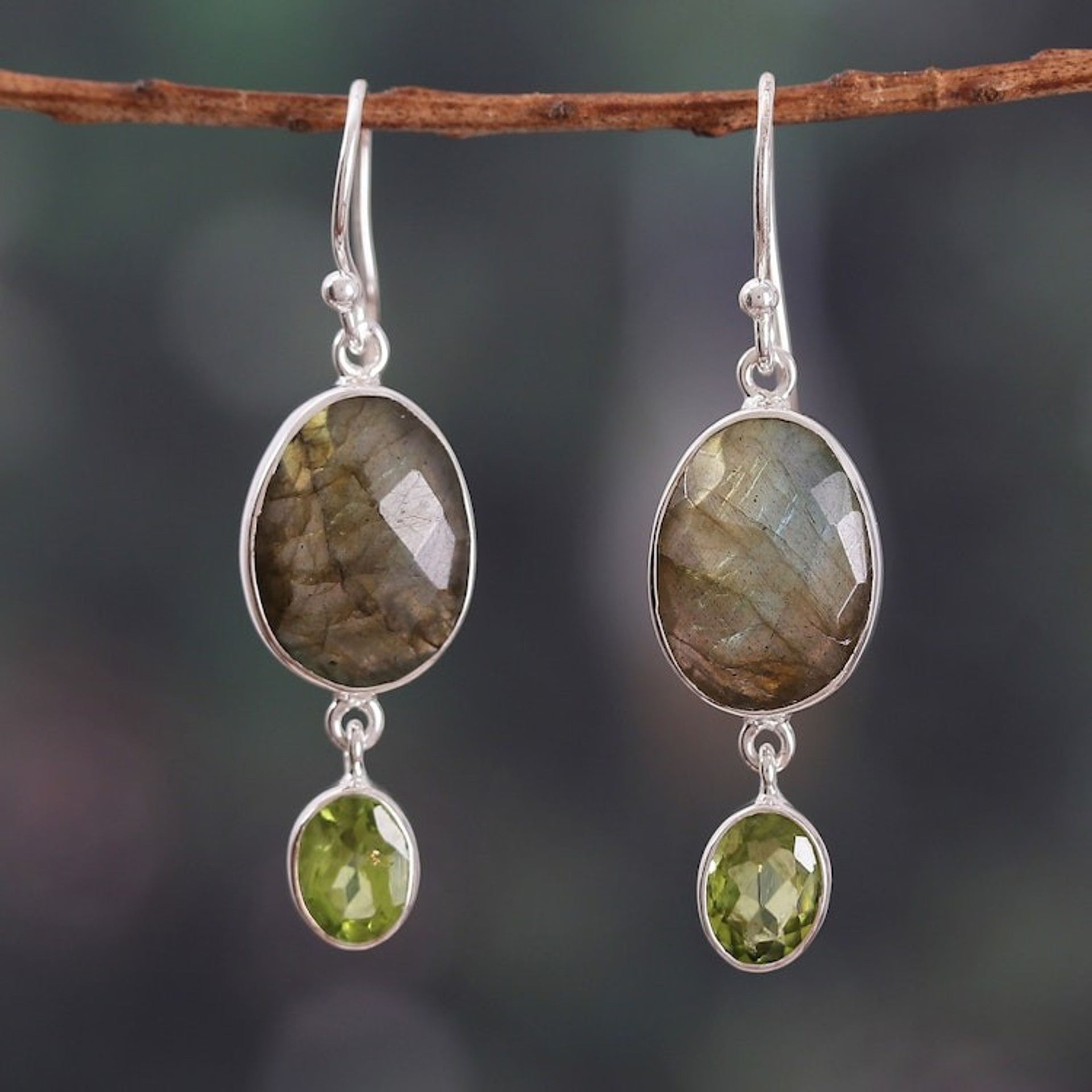 14-Carat Labradorite Peridot and Silver Dangle Earrings 'Dazzling Glam'