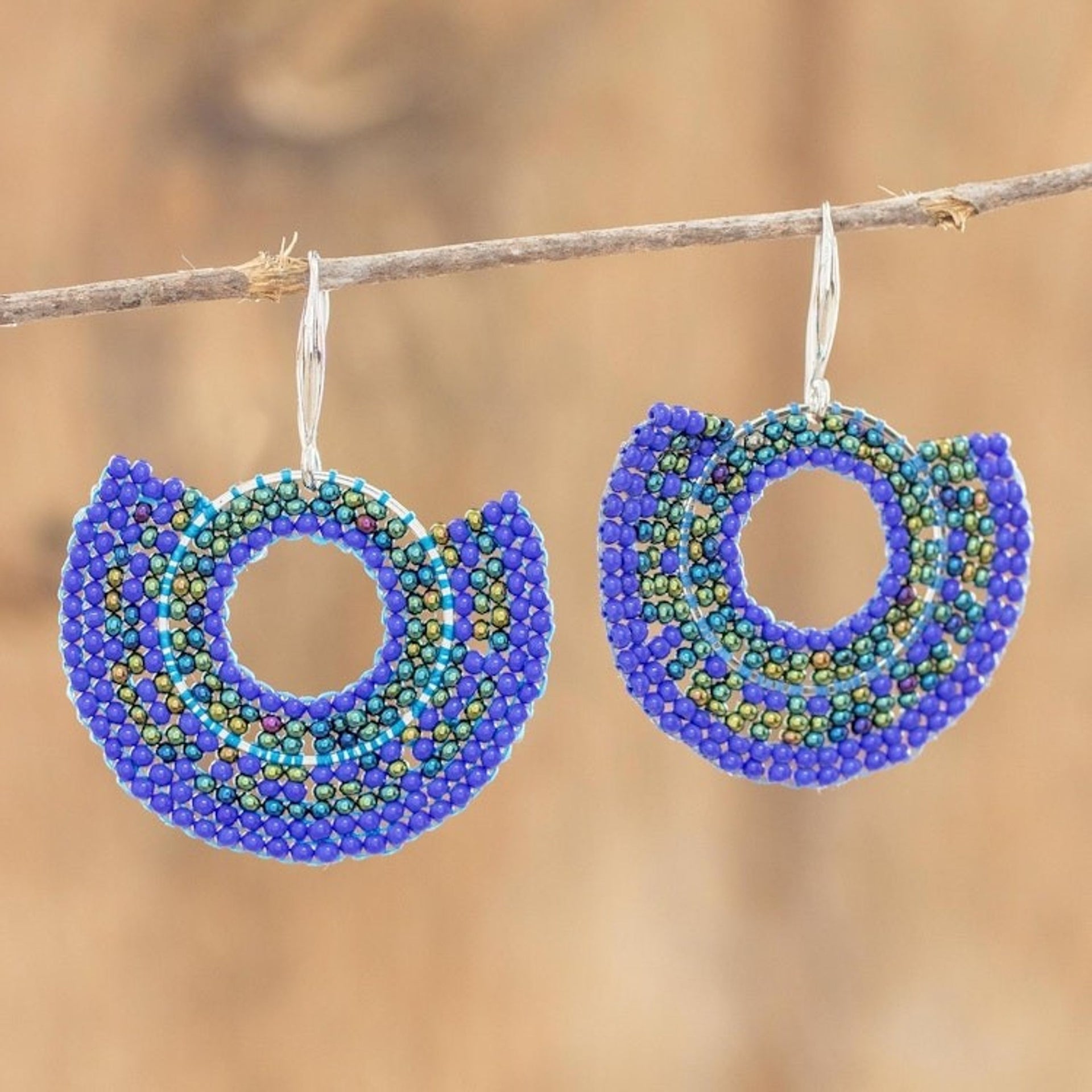 Hand Beaded Blue Circular Dangle Earrings from Costa Rica 'Blue Half Moon'