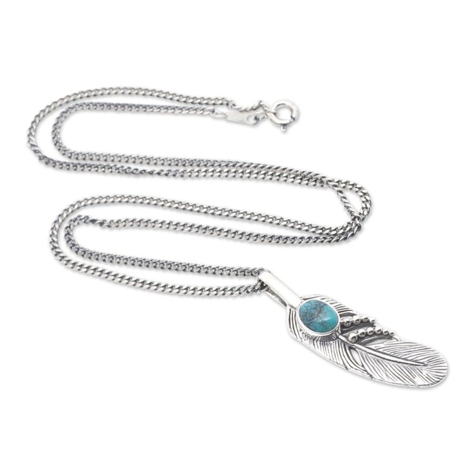Men's Reconstituted Turquoise Feather Pendant Necklace 'Bright Feather'