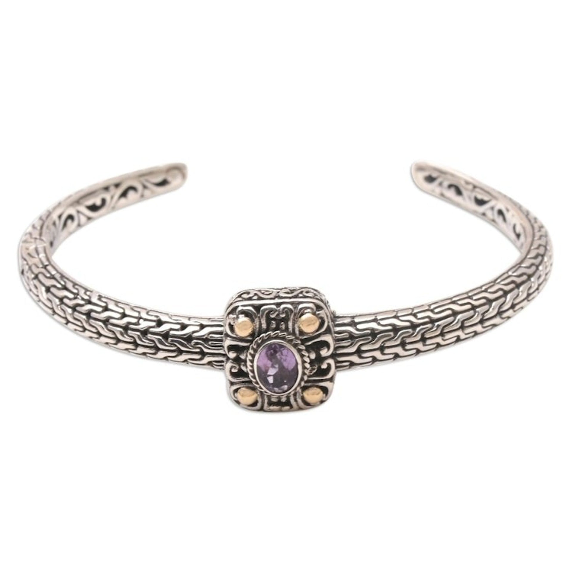 Handmade Gold-Accented and Amethyst Cuff Bracelet 'Spellbound Silver'