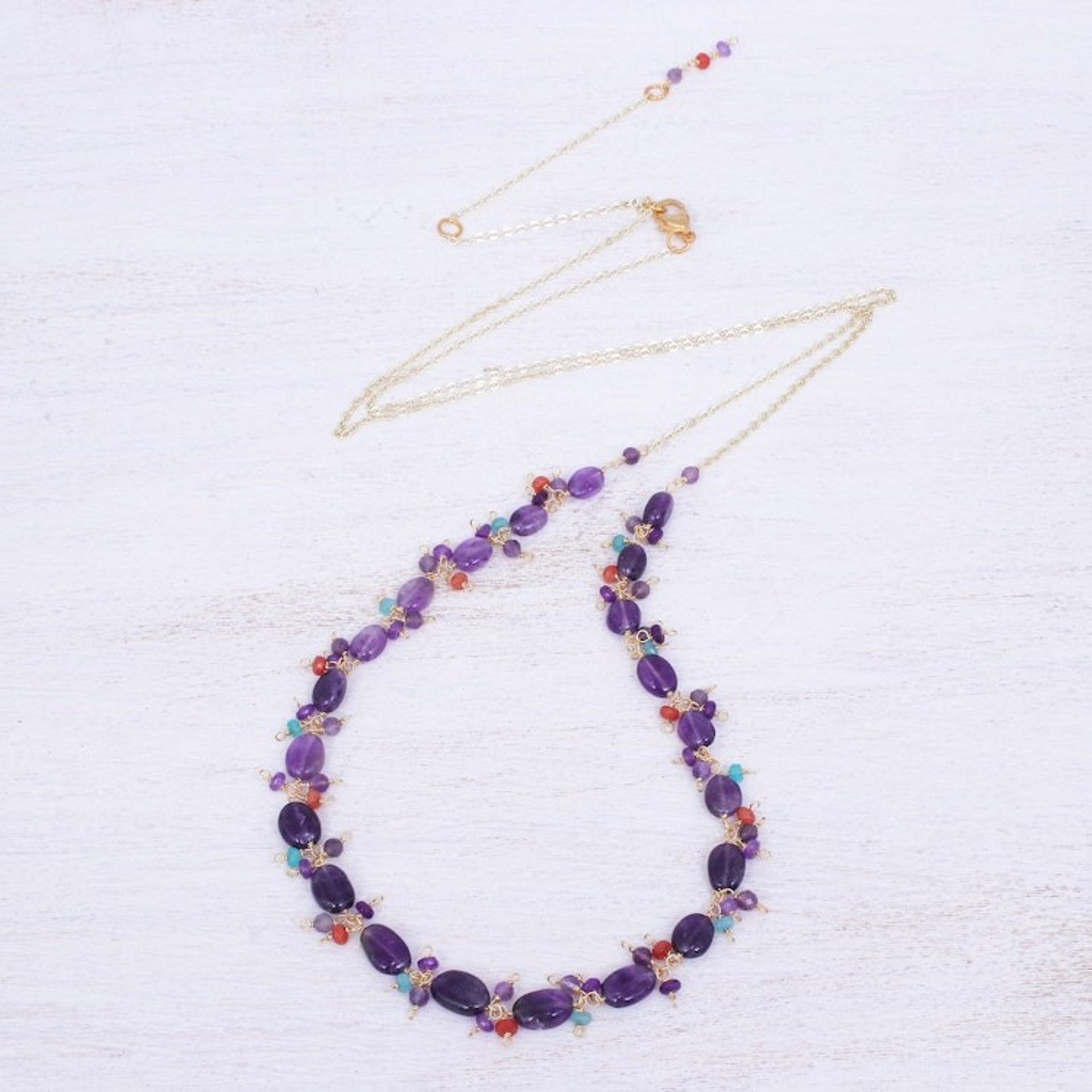 Gold Plated Necklace with Quartz and Amethyst Beads 'Sunset Mood in Violet'